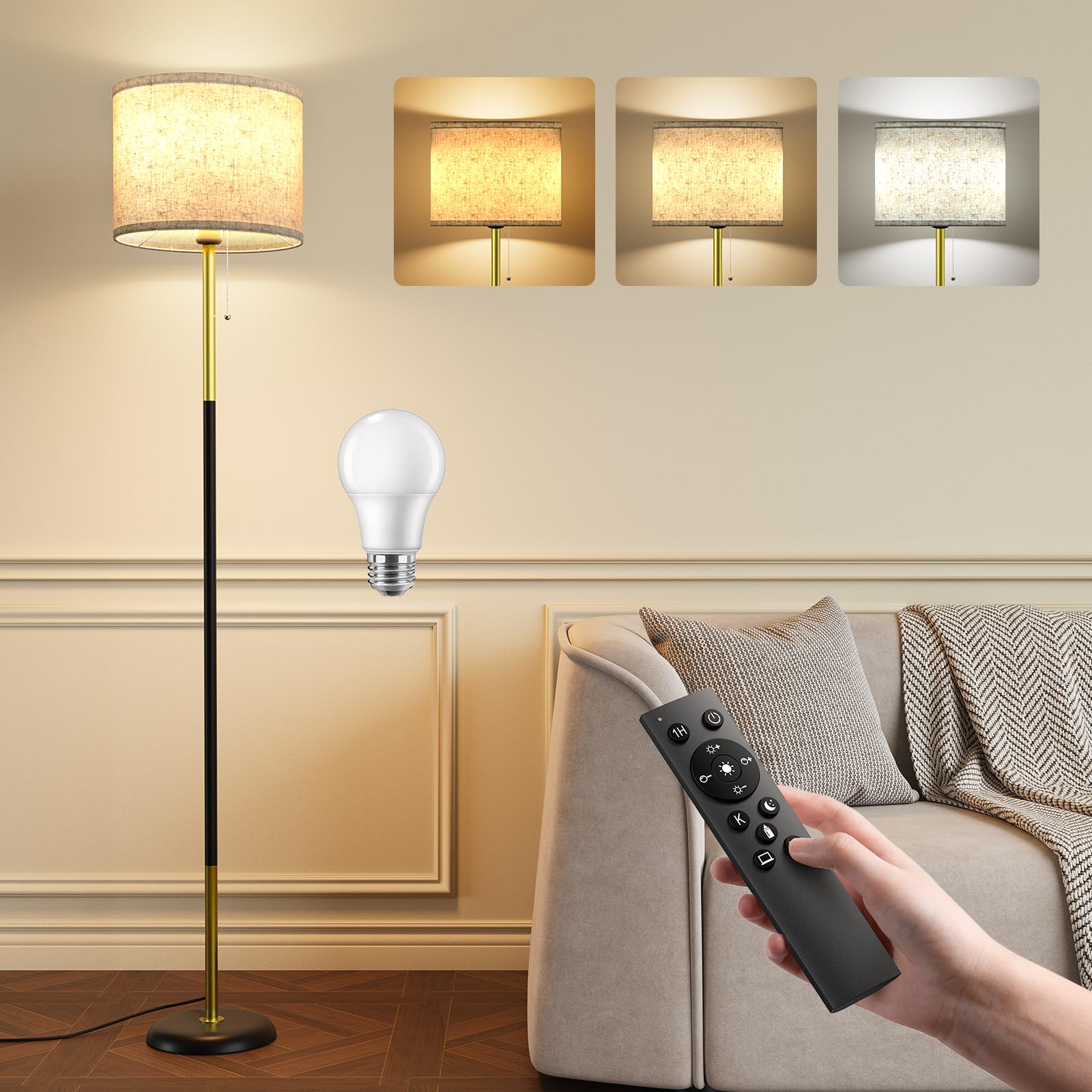 Lampada da Terra ad LED - 12W Piantana da Lettura Regolabile con Telecomando & LED E27 per Soggiorno, Cordone a strappo, 3 Temperature di Colore, Camera da Letto, Ufficio - Oro Nero
