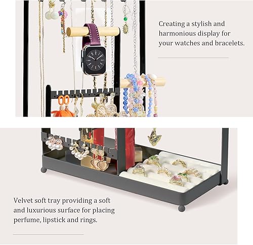 Miniatura 6 de Organizador de joyas, organizador de joyas con 36 organizadores de aretes y 10 soportes para collares, soporte para anillos de terciopelo y plato de