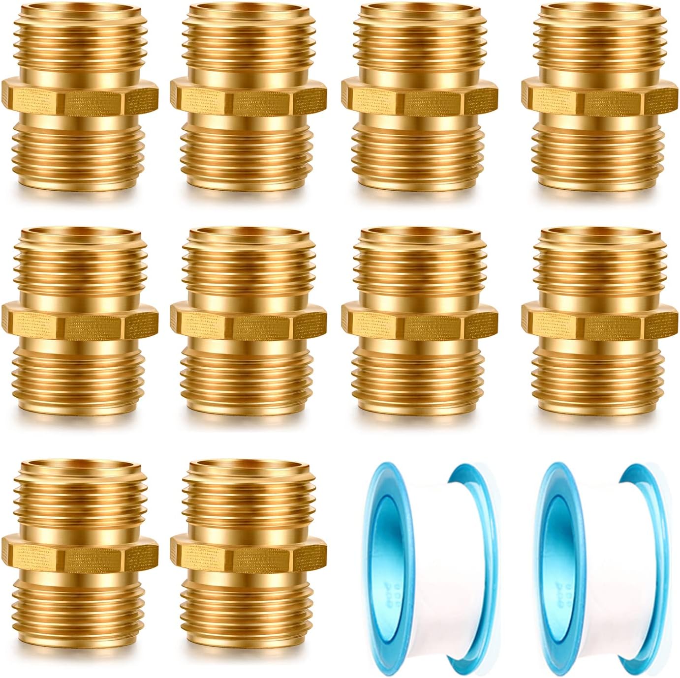 Garden Hose Fittings - Solid Brass Repair Connectors: Double Male Faucet Leader Coupler (3/4" GHT) (10-PCS)