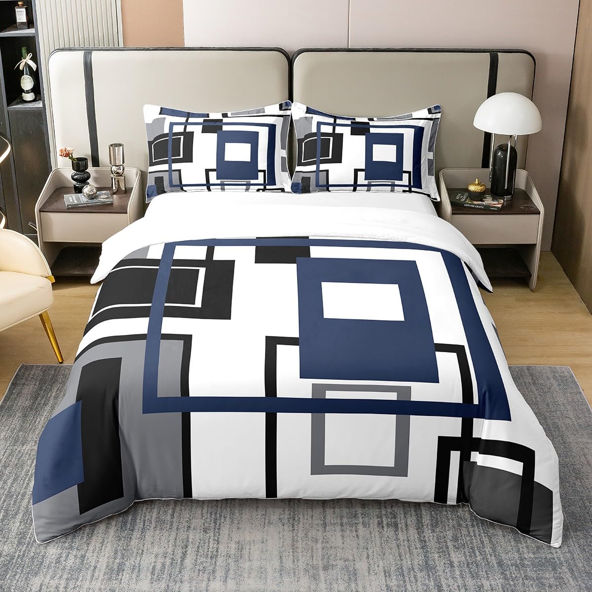 Homewish Bettbezug, quadratisch, Marineblau, für Jugendliche, Bettwäsche, geometrisches Streifen-Bettwäsche-Set für Kinder und Herren, abstrakte Tagesdecke, 220 x 240 cm