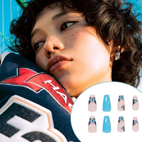 Miniatura 3 de Uñas postizas medianas azules a presión con diseño de mariposa con diseño de uñas acrílicas nudes brillantes, uñas postizas de cobertura completa,