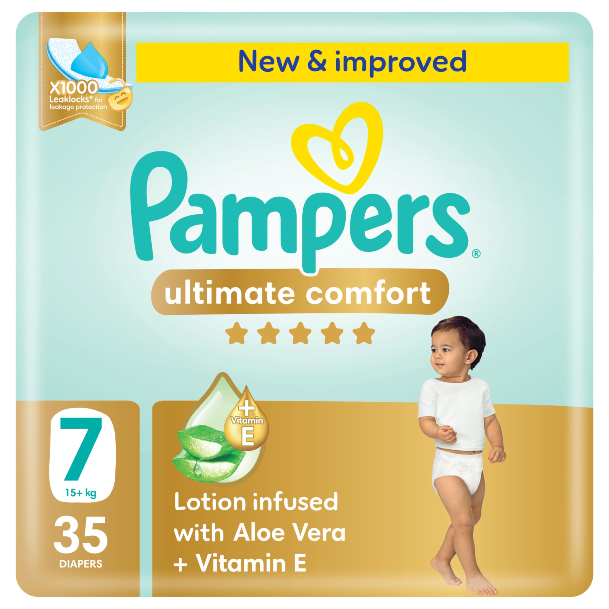 Ultimate Comfort Taped Diapers, Size 7, 15+kg, Lotion infused with Aloe Vera and Vitamin E, x1000 Leak Locks Technology for Leakage Protection, 35 Count