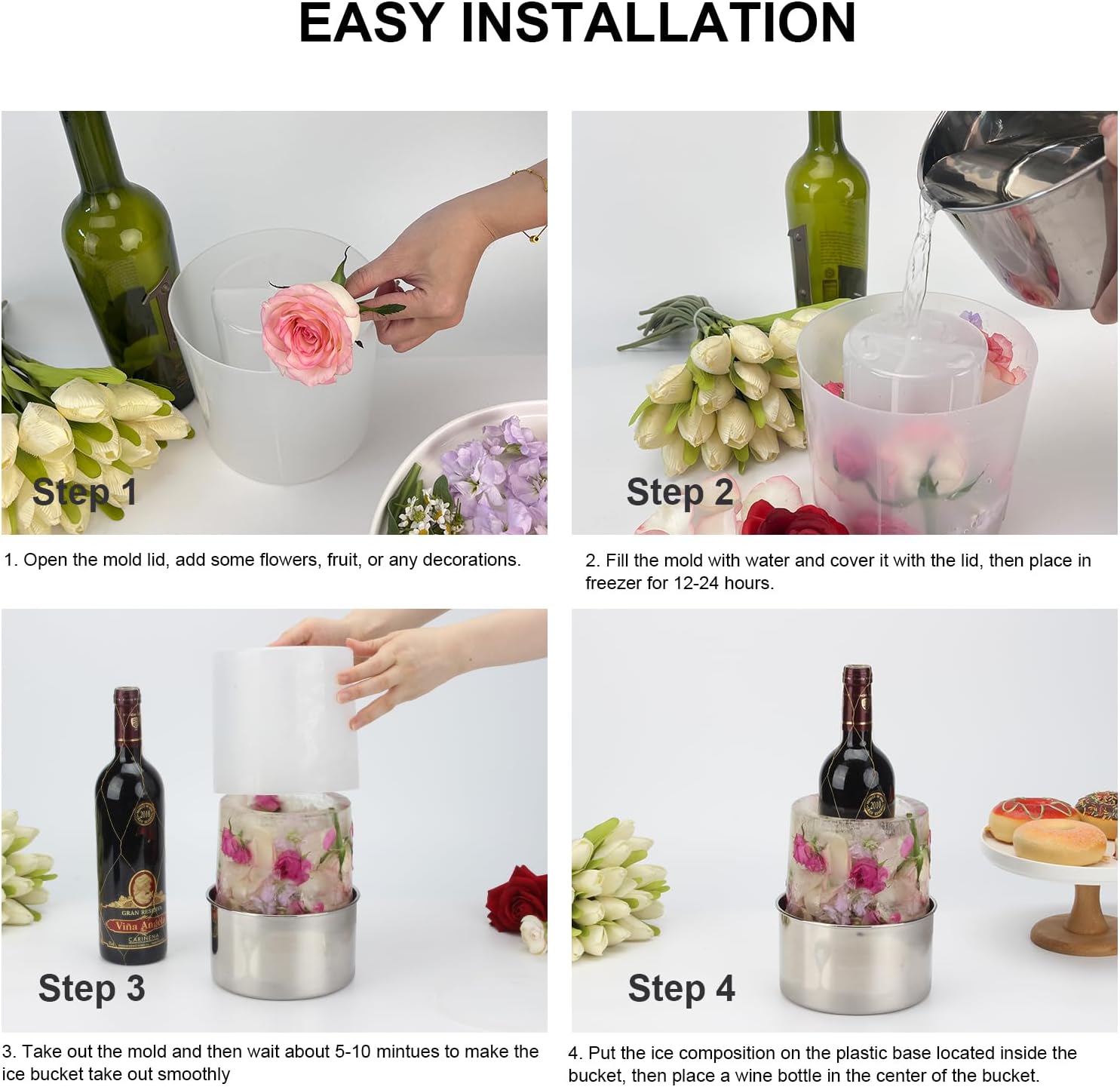 Ice Mold Wine Bottle Chiller Champagne Ice Bucket Mold, DIY Ice Mold with Flowers Fruits Theme Decors for Wine Champagne Cocktails, Wine Bucket Chiller for Parties Bar Wedding Festival Holiday