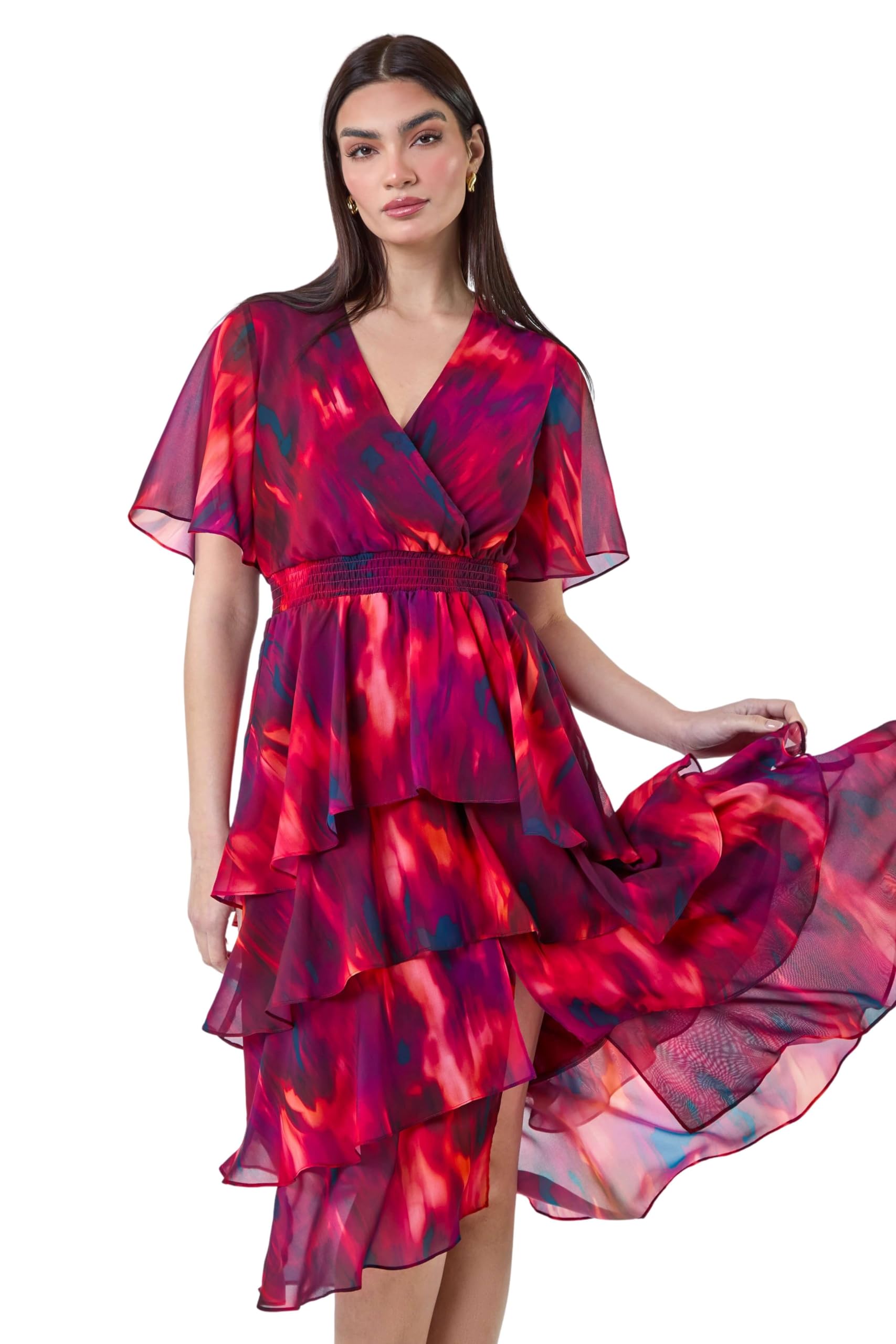 Roman Frill Dress for Women UK Ladies Summer Wrap Chiffon Frill Hem Layered Belted Midi Maxi Tiered Cape Special Occasion Fit & Flare Wedding Guest Swing Skater