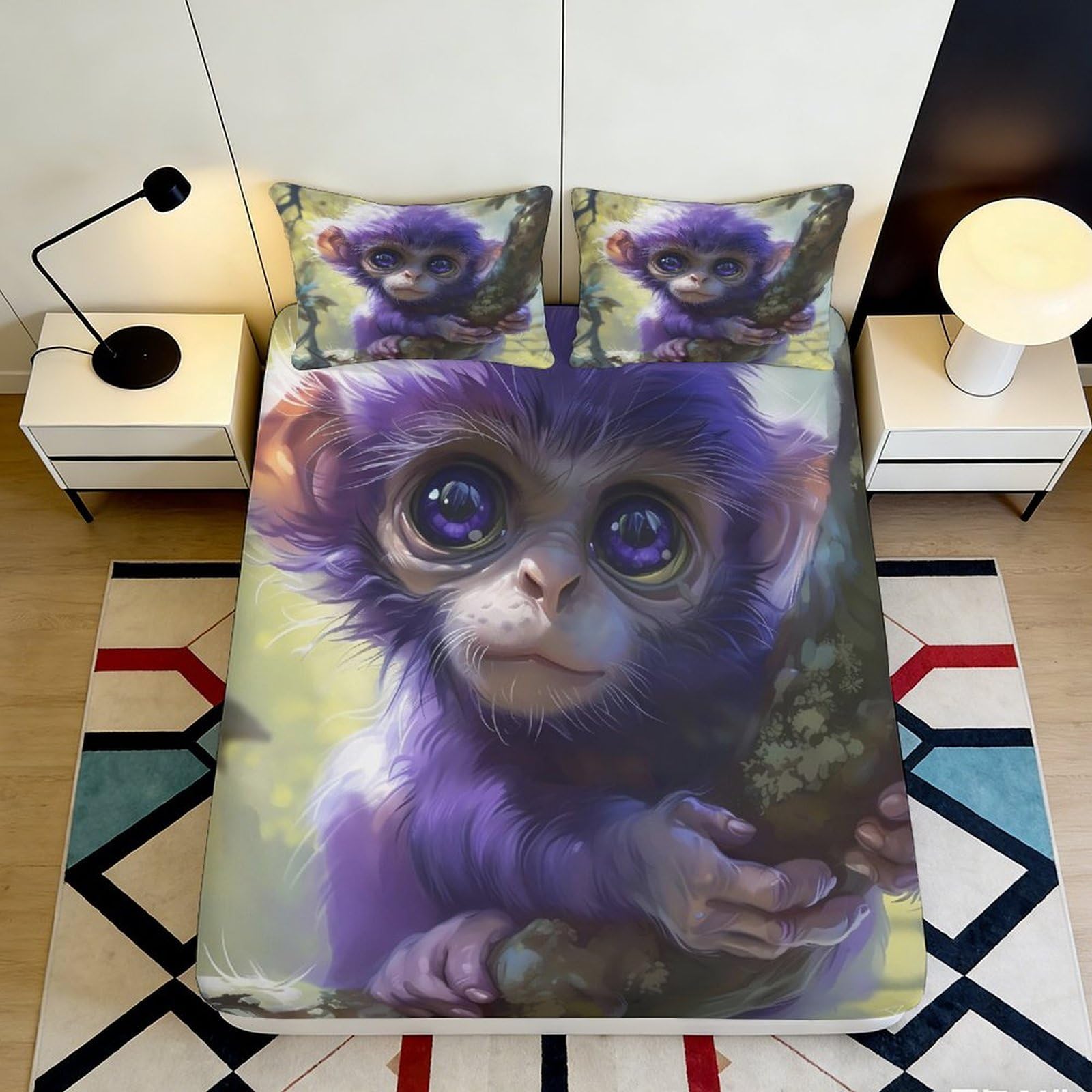 3D Printed Purple Monkey Fitted Sheet Microfiber Deep Pocket Elastic Hem Non-Slip Bedroom Purple Monkey Mattress Fitted Cover 200x200x25cm