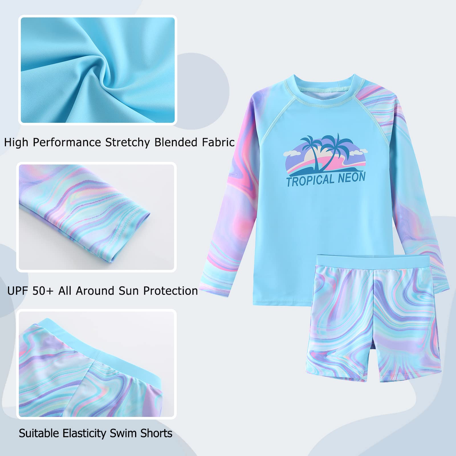 Girls Long Sleeve Swimming Costume Kids Two Piece Rash Guard Swimsuit Set Girls Rash Vest and Shorts Age 5-14 Years