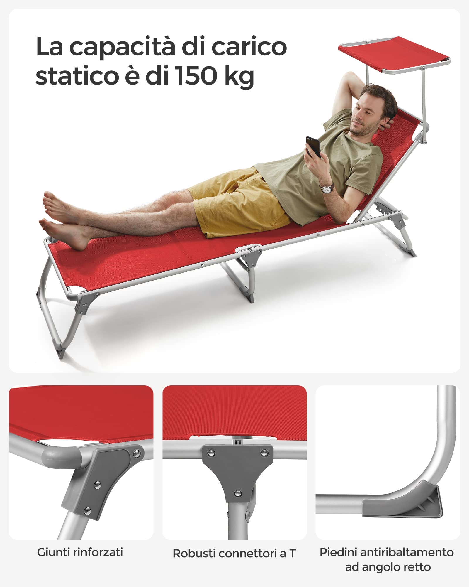 SONGMICS Lettino Prendisole, Sedia a Sdraio Pieghevole in Alluminio, con Parasole e Schienale Reclinabile, 193 x 55 x 31 cm, Max Portata 150 kg, per Terrazzo Piscina Giardino, Rosso GCB19RD