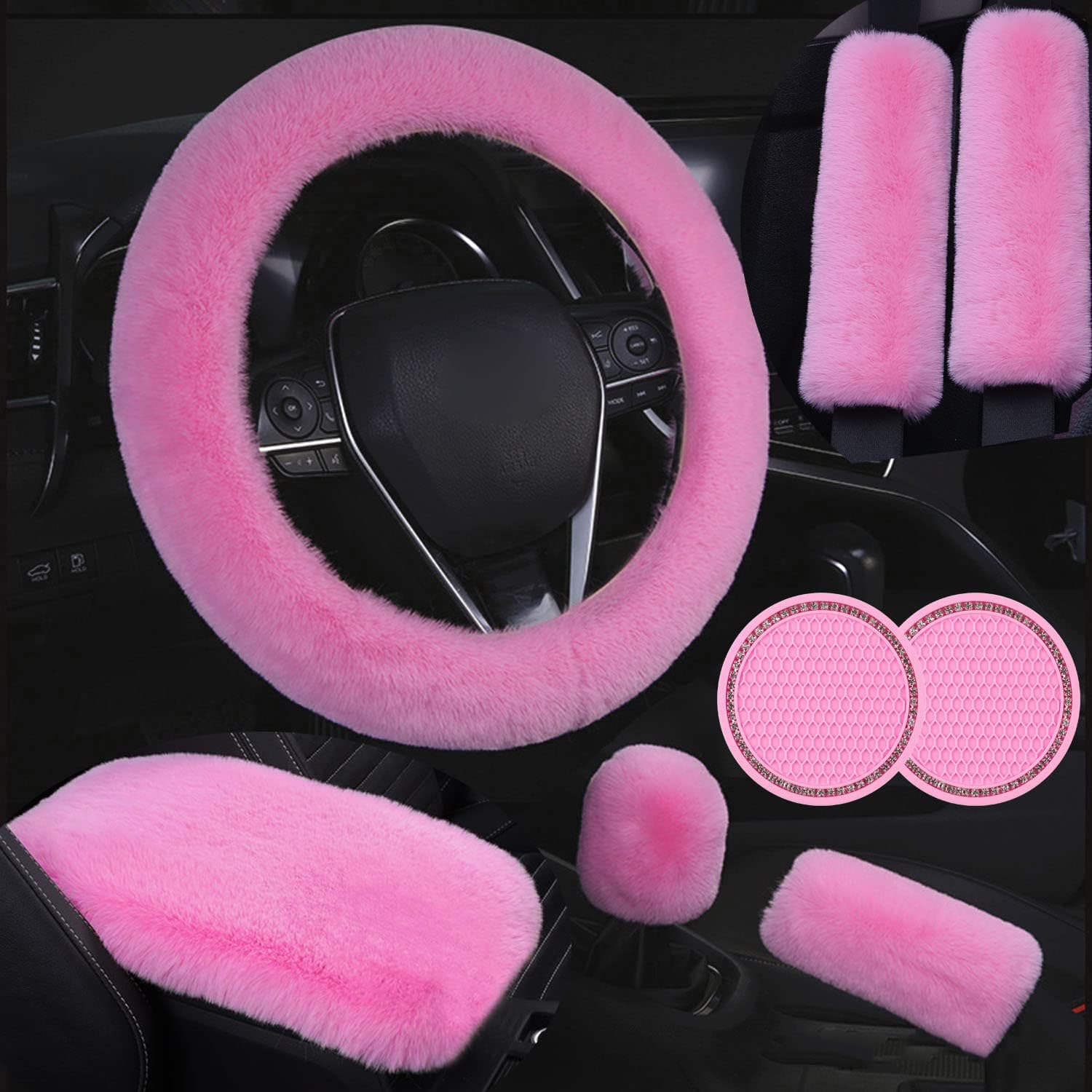 Dotesy 8 Pcs/Set Fluffy Faux Wool Car Steering Wheel Cover & Seatbelt Shoulder Pads & Auto Center Console Pads & Gear Shift Knob Cover & Handbrake Cover & Car Cup Coasters Universal Warm Soft (Pink)