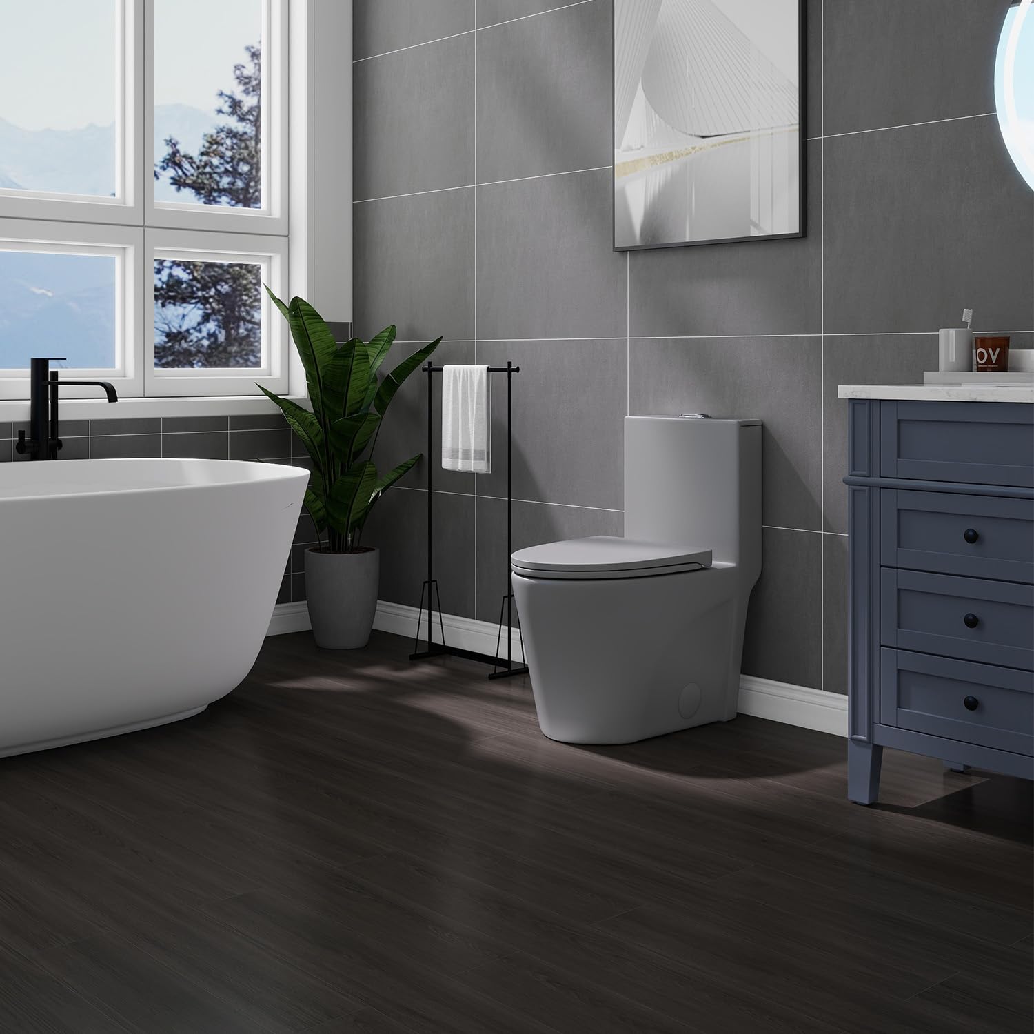 HiHomely Modern 12 Inches One-piece Dual Flush Toilet With 1.1/1.6 Gpf Water Efficiency, Ergonomic Design, And Sleek Light Gray Finish For Home Upgrades (1 Seat)