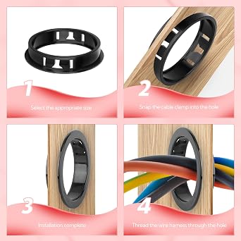 58PCS Black Cable Snap Bushing Grommet, Snap in Cord Bushing Protect Cables 4 Size 1, 1/1-2, 1/3-4, 2
