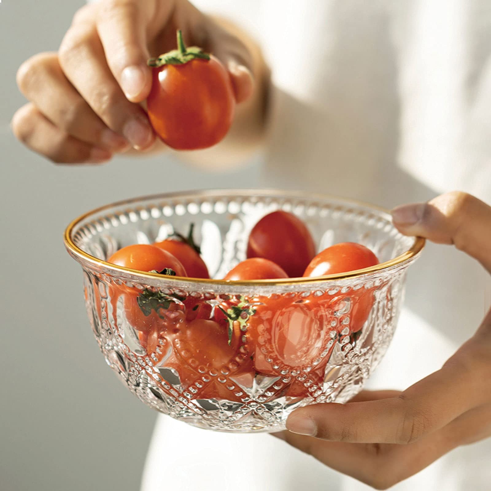 PTTRNS Salatschüssel Geprägte Glasschale 2-teilig Set 35 Unzen Große Dessertschüssel Salatschüssel Stapelbare Multifunktionale Küchenschüssel Getreide Pasta Schüssel Set Servierschale