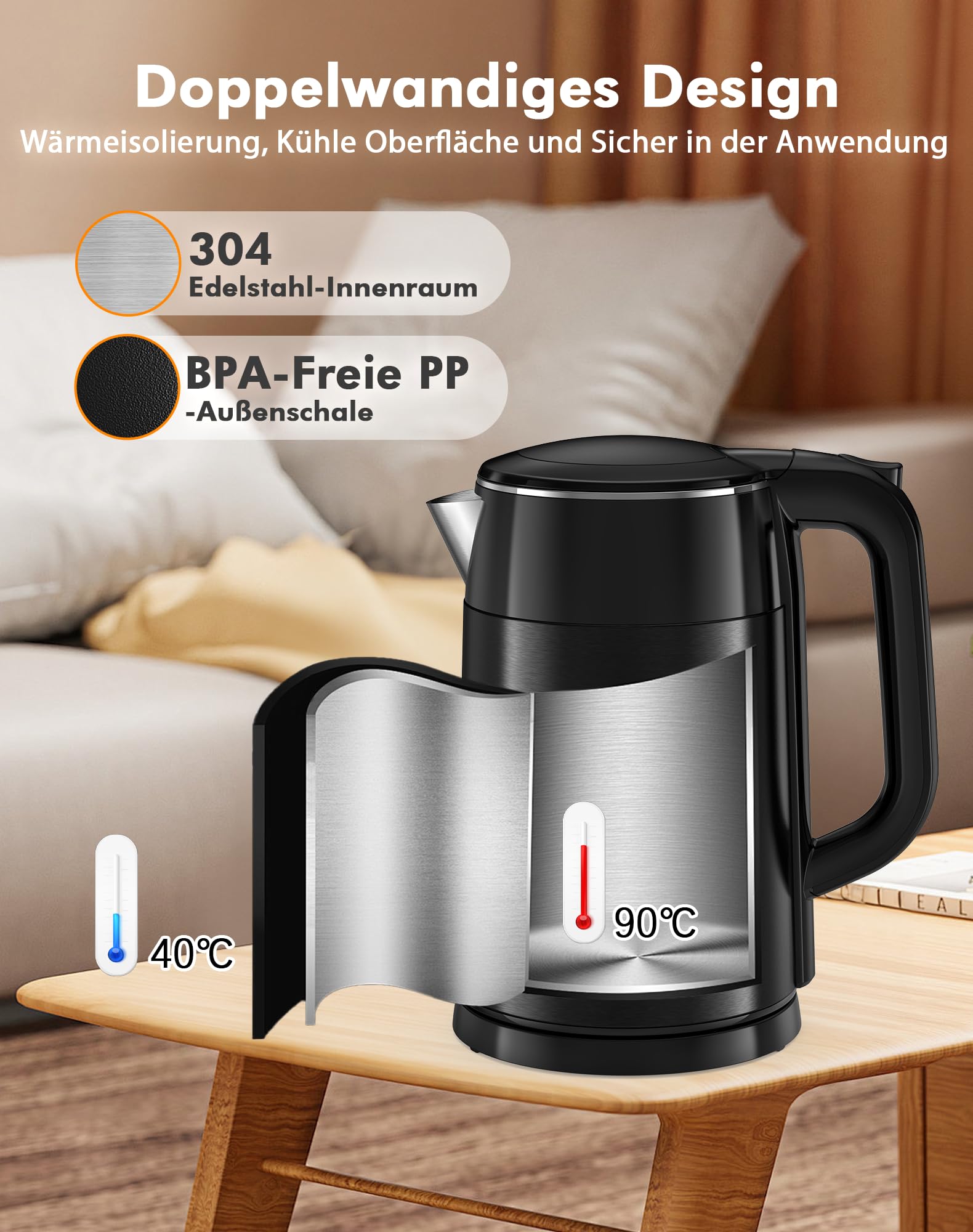 Wasserkocher mit Temperatureinstellung 1,7L 2200W Edelstahl Wasserkocher Schwarz mit 6 Temperaturstufen, Farbdisplay, 2H Warmhaltefunktion, Elektrisch Teekocher Doppelwand BPA frei für Büro Haushalt