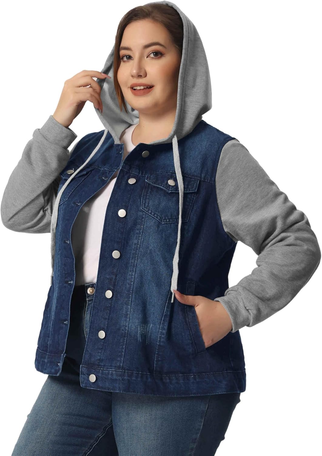 Agnes Orinda Plus Size Denim Jackets for Women with Hood Long Sleeve Western Outfit Casual Hoodie Jean Jacket