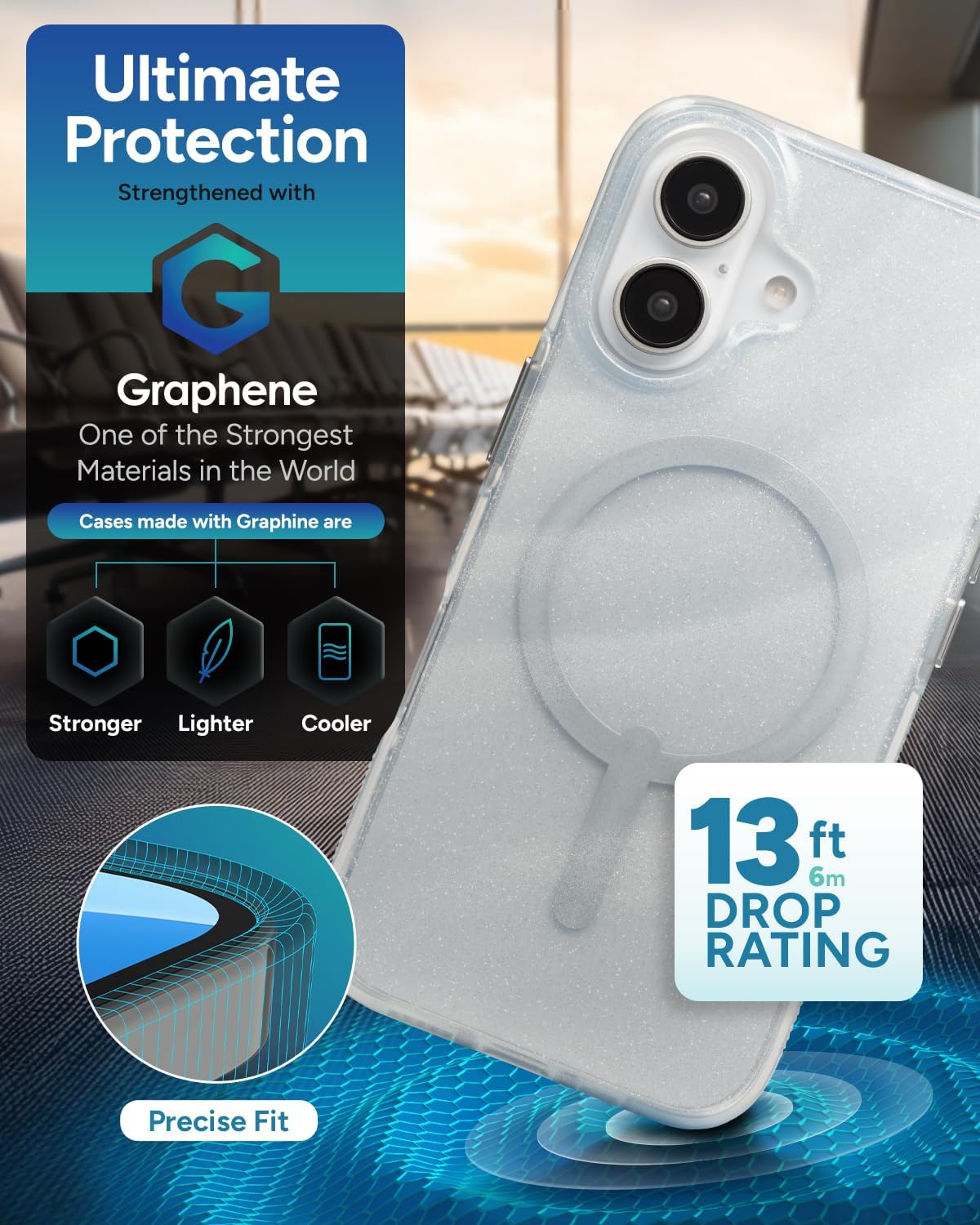 ZAGG Milan Snap Case for iPhone 16 – White Glitter Swirl on Clear Base, MagSafe Compatible, 13ft Drop Protection, Recycled Materials, Slim & Stylish Design - Image 4