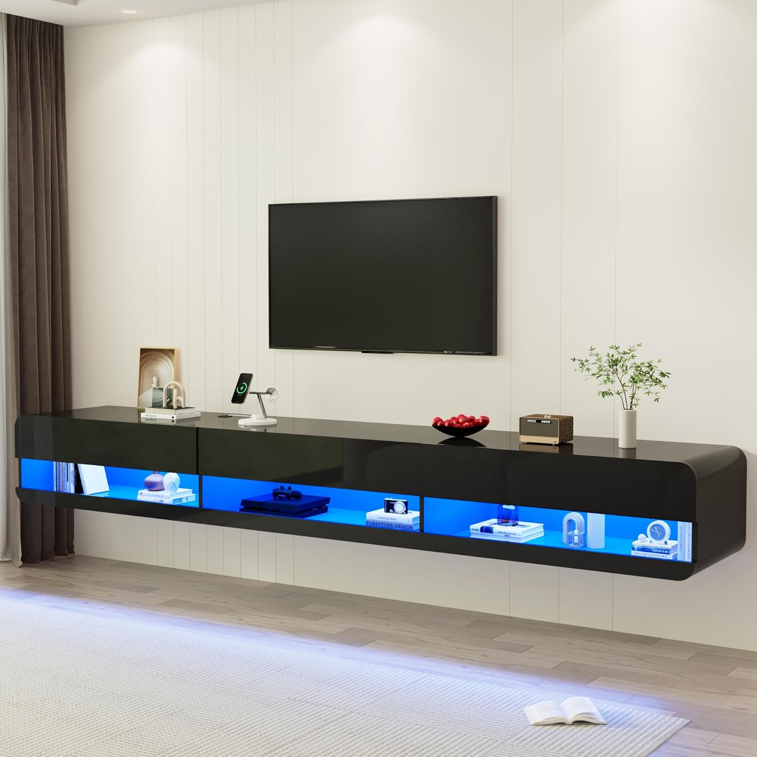 St.Mandyu Floating LED TV Stand for TVs Up to 100 inch, 94.5 inch Modern Entertainment Center with Led Lights & Power Outlet, Wall Mounted Hanging Media Console for Living Room, Black