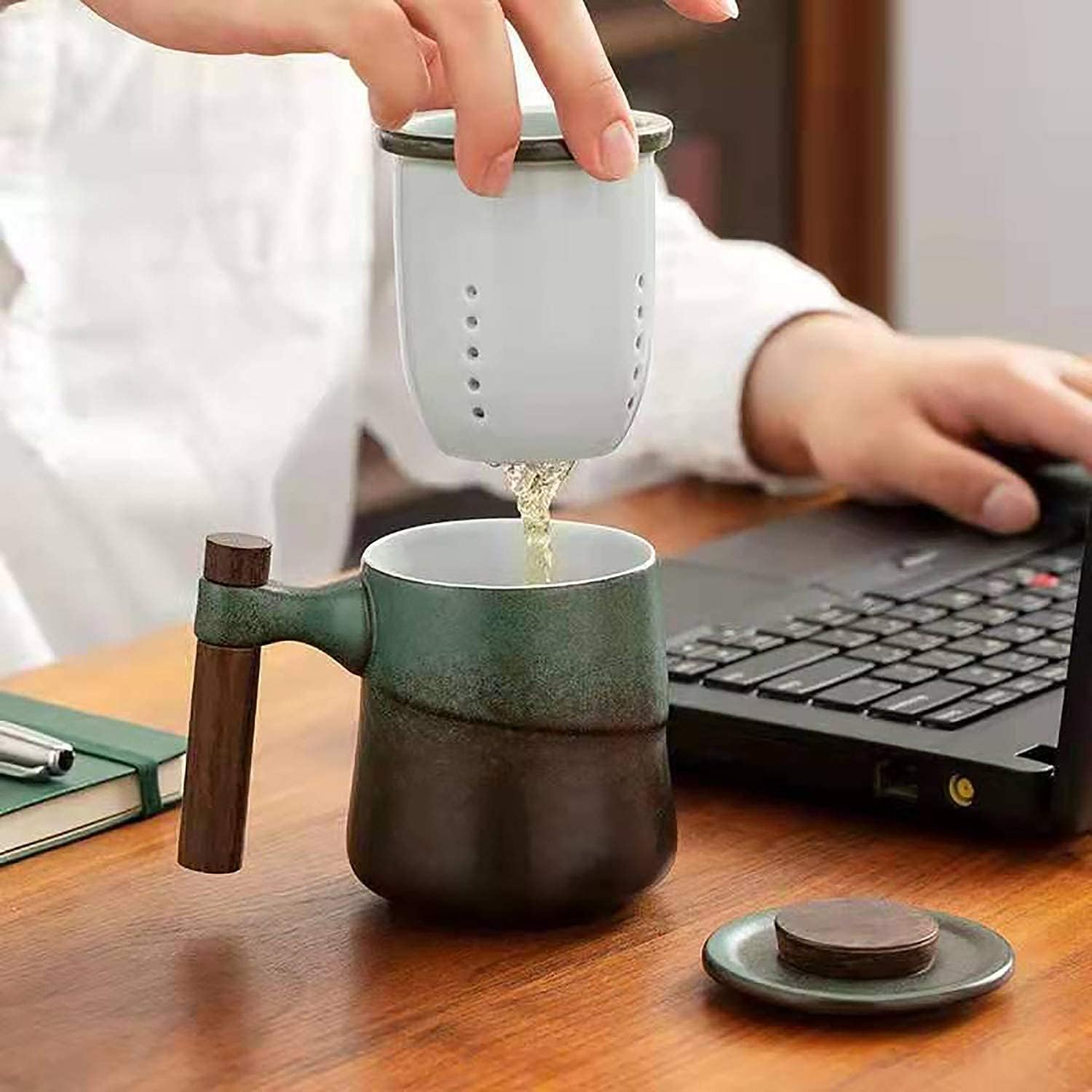 Tea Cup with Infuser and Lid, Retro Tea Mug Cups with Infuser, Wood Handle Ceramic Coffee Mug with Lid for Steeping Loose Leaf Tea 320ml/10.82OZ (Vintage Green) - Image 2
