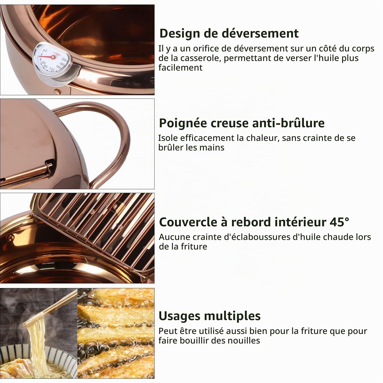 Friteuse Tempura, Marmite à Frire Japonaise Petite Friteuse en Acier Inoxydable avec Thermomètre 3.4L Marmite de Friture Profonde Antiadhésive Accessoire de Batterie de Cuisine(Or rose)