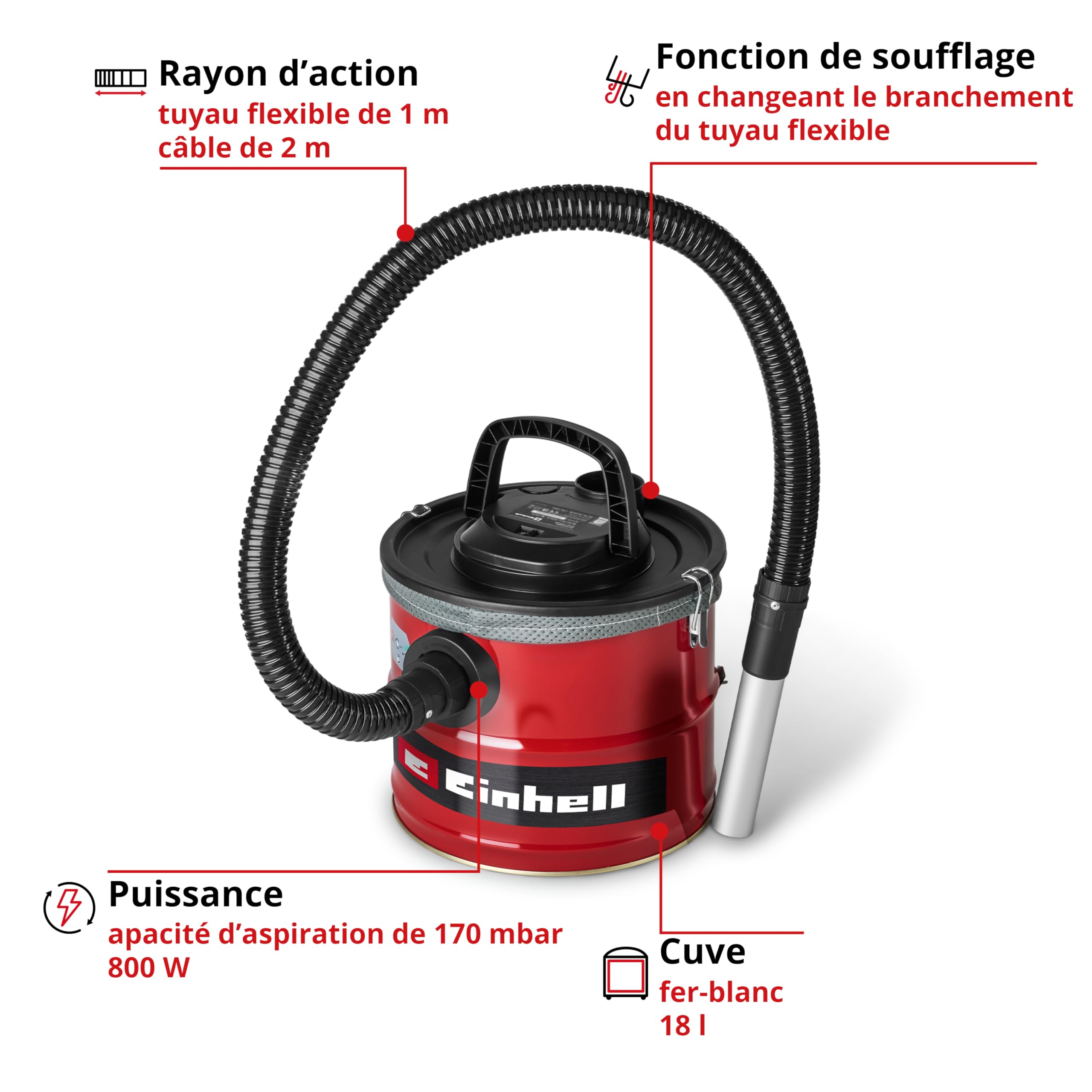 Einhell Aspirateur à Cendres TC-AV 1830 D 800 W 170 mbar 18 l