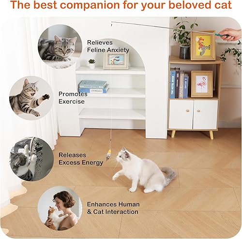 Miniatura 7 de Juguete de varita para gatos, varita retráctil con 4 recambios de juguete de plumas para enriquecimiento de gatos en interiores, juguete interactivo