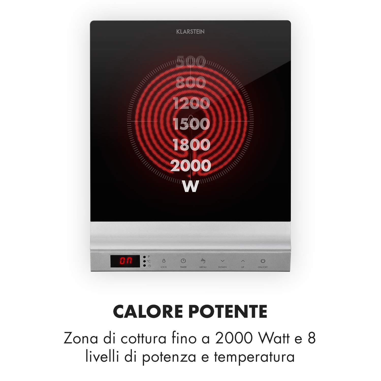 Klarstein MisterCook Piastra di cottura a infrarossi, livelli di potenza e temperatura, timer, comando touch, protezione da surriscaldamento e sovratensione, 1 zona di cottura, 2000 watt, argento