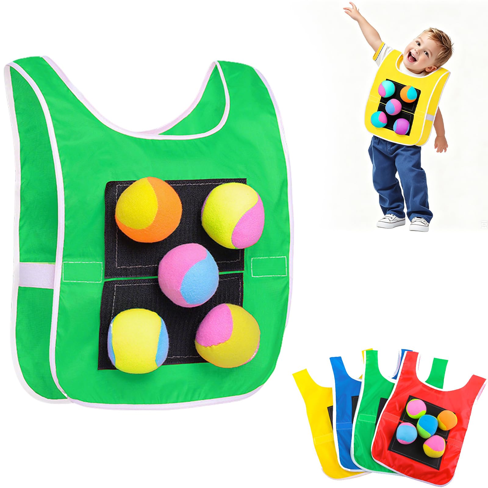FUNLOV Dodgeball Target Set, Sticky Vests with 5 Soft Fleece Tag Balls, Catch Target Vest, Kids Throwing Game, Outdoor Family and Sports Activities for Kid and Parents Outside Play (Green,kid)