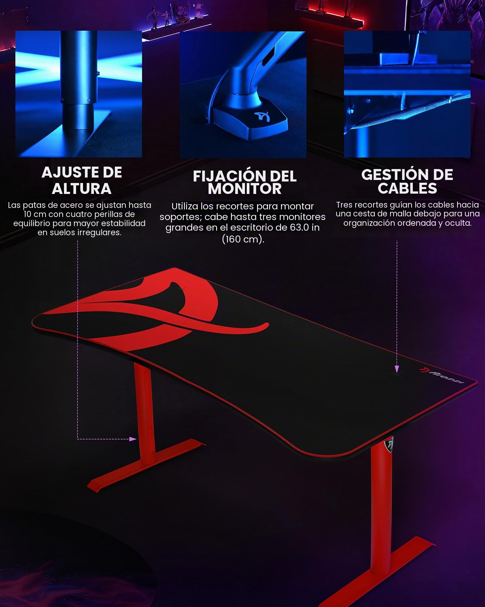 Arozzi Arena Gaming Desk Large - Red, Mesa Gaming roja con Alfombrilla Full Surface, Escritorio Gamer 160x82 cm con gestión de Cables, Cesta de Malla y Estructura Robusta, hasta 80 kg