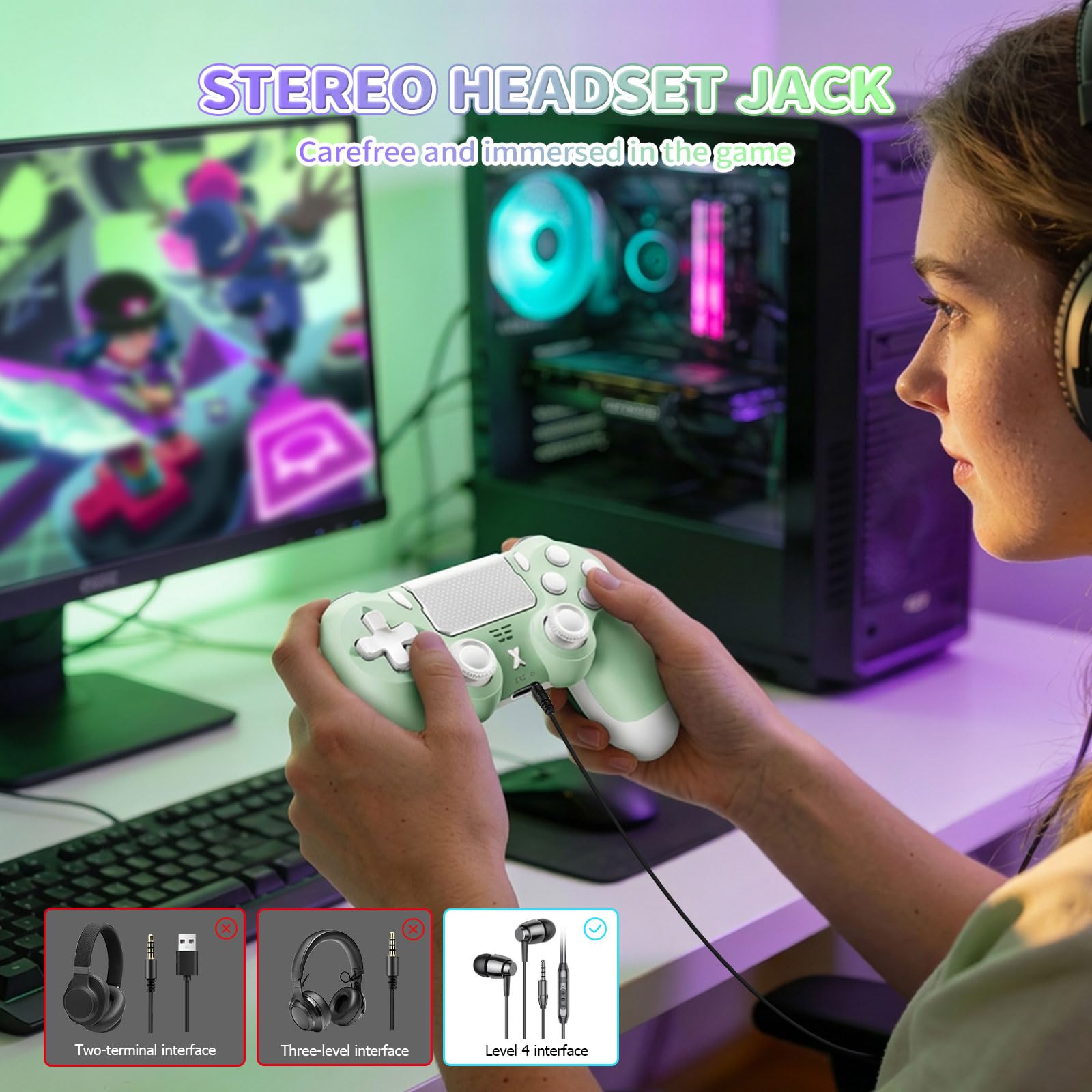 Wireless Controller for PS-4, Game Controller for PS-4/Slim/Pro/PC, Bluetooth Gamepad Joystick with Vibration Touch Panel, Upgraded Six-Axis Sensor, 3.5mm Audio Jack (Light Purple+Light Green) — view 8