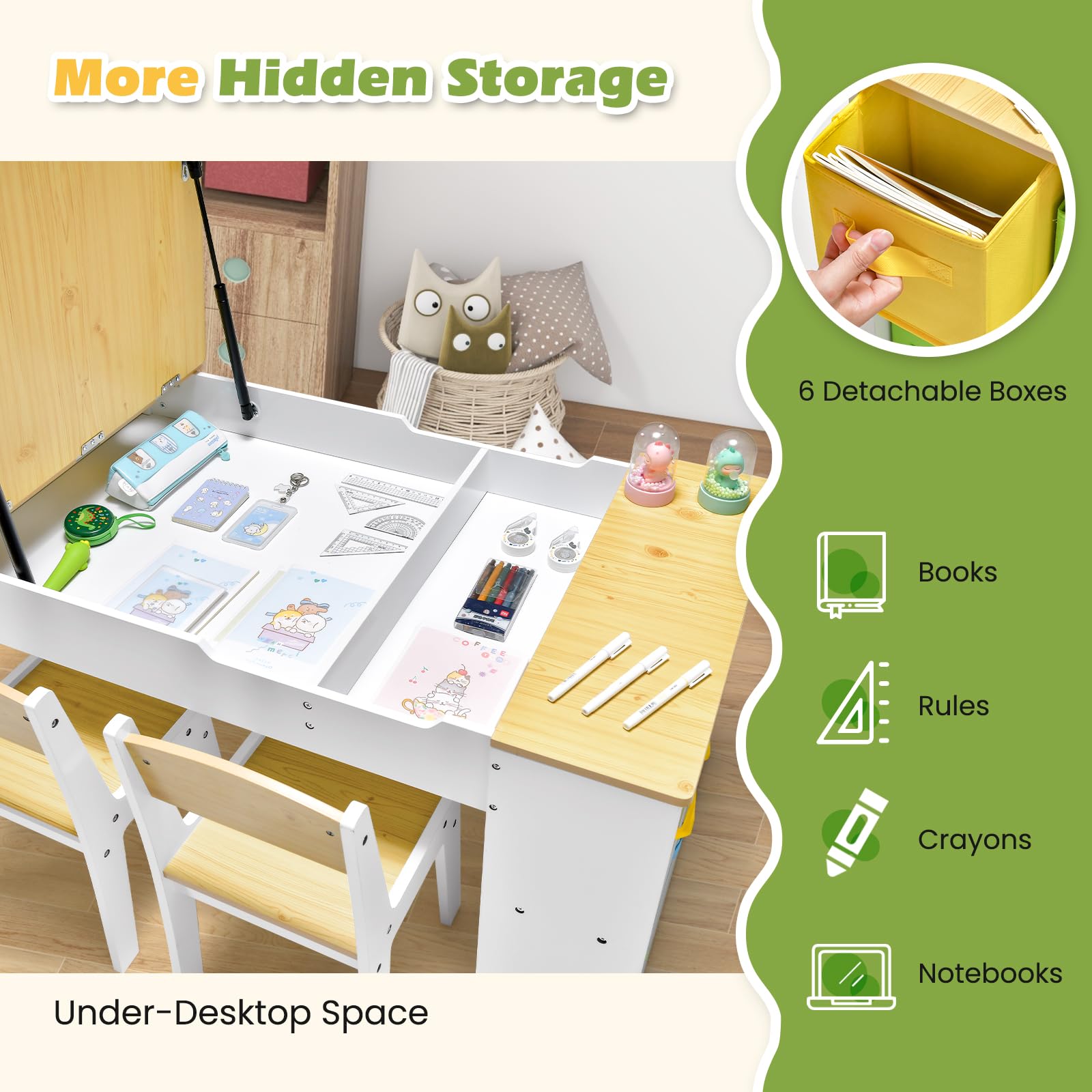 RELAX4LIFE Mesa Infantil con 2 Sillas, Mesa y Silla Infantil de Madera para Niños con Encimera Elevable, 2 Espacio Interior, 6 Cajones de Tela, 4 Tazas para Pintar y Rollo de Papel (Natural)