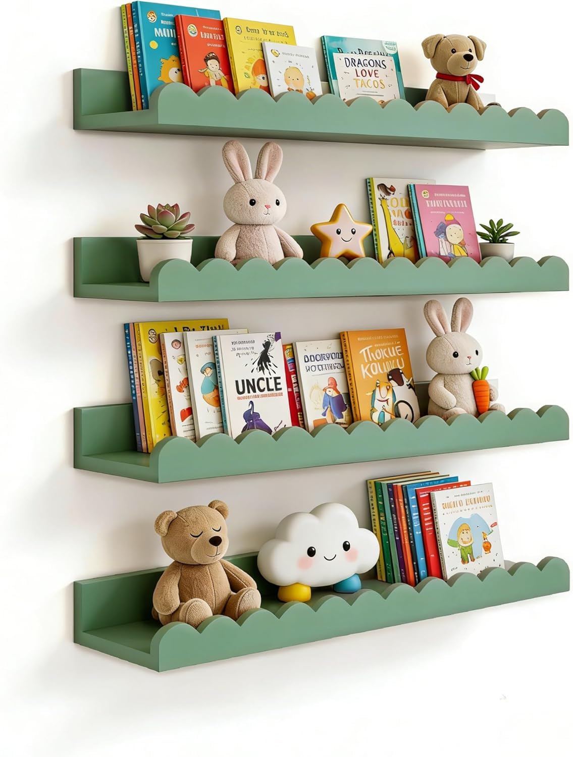 Scalloped Shelves for Nursery - Wall Book Shelves for Bedroom Kids, Nursery Bookshelf for Wall Set of 4, Floating Book Shelves Solid Wood,18 Inch (Green)-image-35