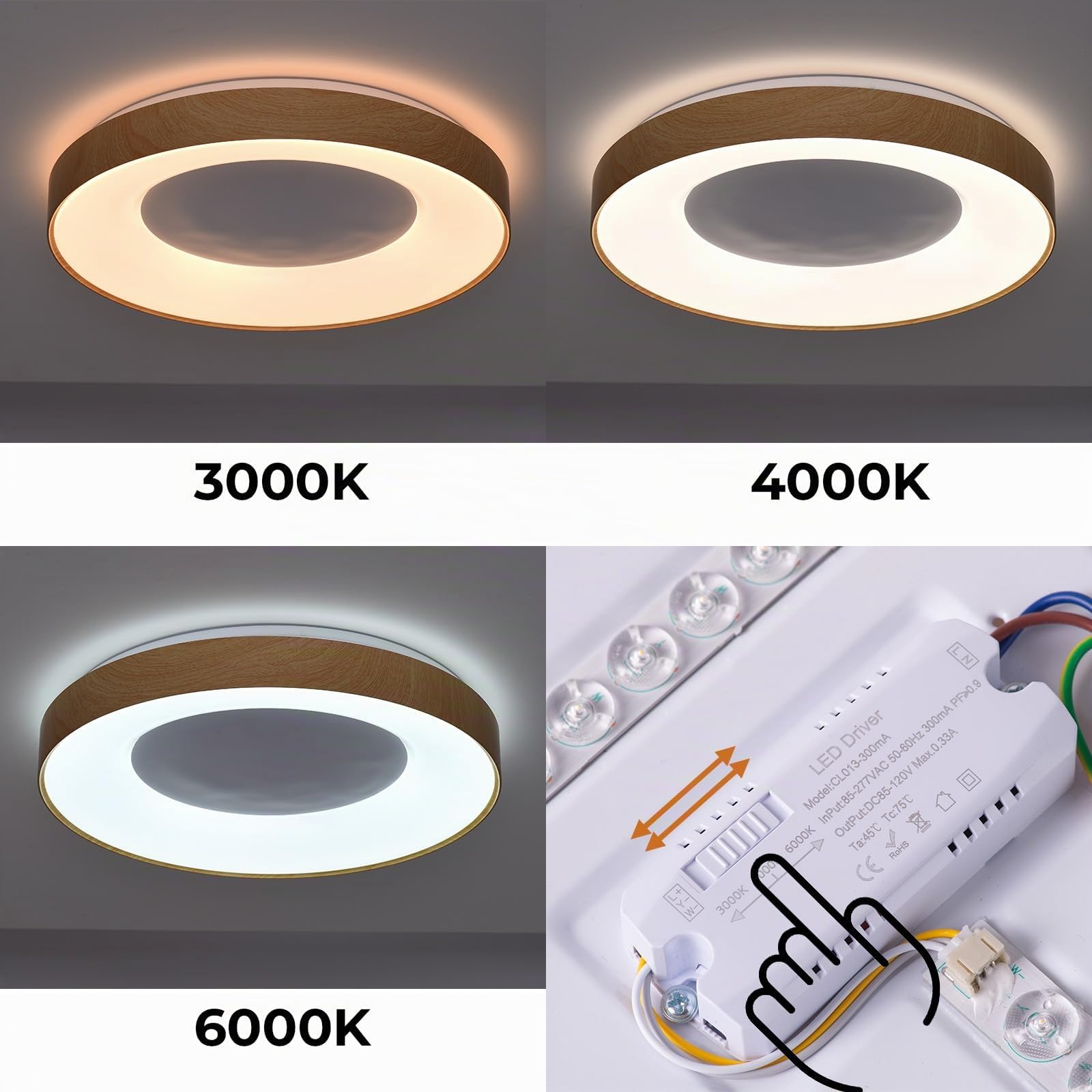 Alpinaluz Plafoniera LED da soffitto 40 W Ø50 cm - Design rotondo minimalista con effetto legno e anello interno bianco - Luce CCT 3000 K-4000 K-6000 K - Stile moderno per soggiorno, camera da letto o