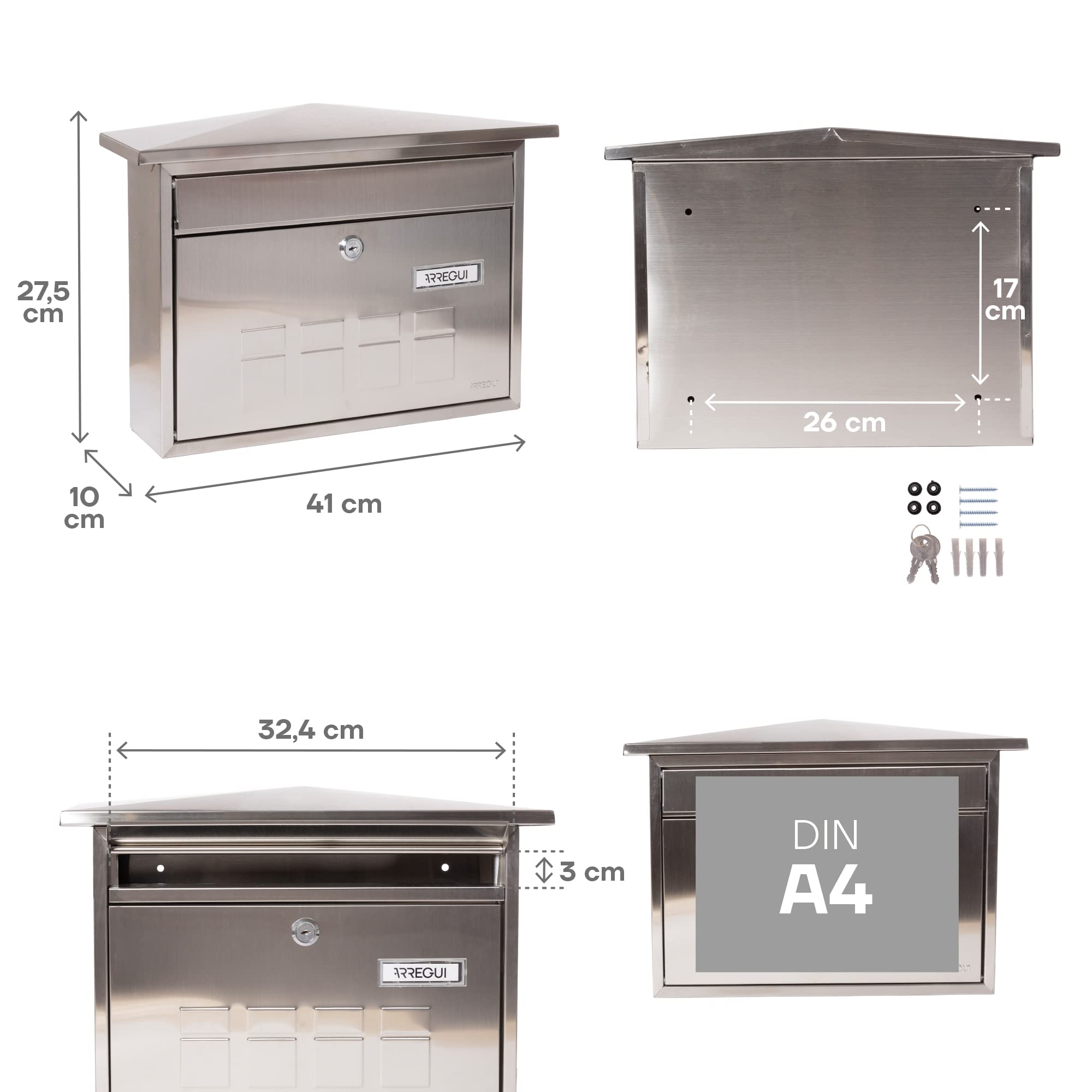 ARREGUI Deco E5707 skrzynka na listy ze stali nierdzewnej, rozmiar M (DIN A4), pozioma ścienna skrzynka na listy do użytku na zewnątrz, skrzynka pocztowa do użytku na zewnątrz, z tabliczką na nazwisko