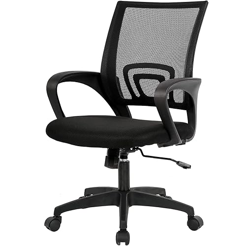 BestOffice | Ergonomic Office Chair | Mid-Back Swivel Desk Chair | Breathable Backrest & Lumbar Support | Adjustable Height | Sponge Seat | Rolling Wheels | Dark Black | for Adults & Women