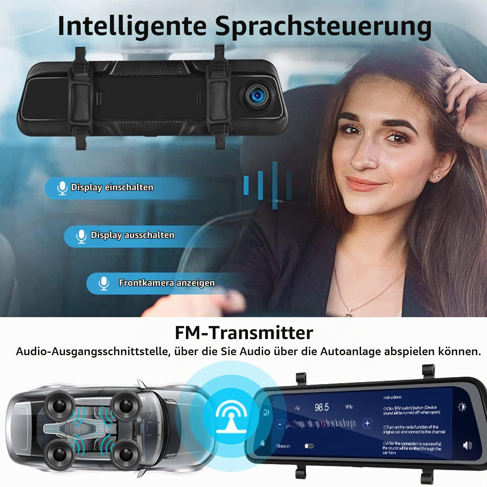 Hodozzy Spiegel Dashcam Carplay Wireless Android Auto Bluetooth 9,66 Zoll IPS Touchscreen Frontkamera Rückfahrkamera wasserdichte Nachtsicht WDR Autokamera Rückspiegel Parkmonitor 64G TF-Karte FM AUX