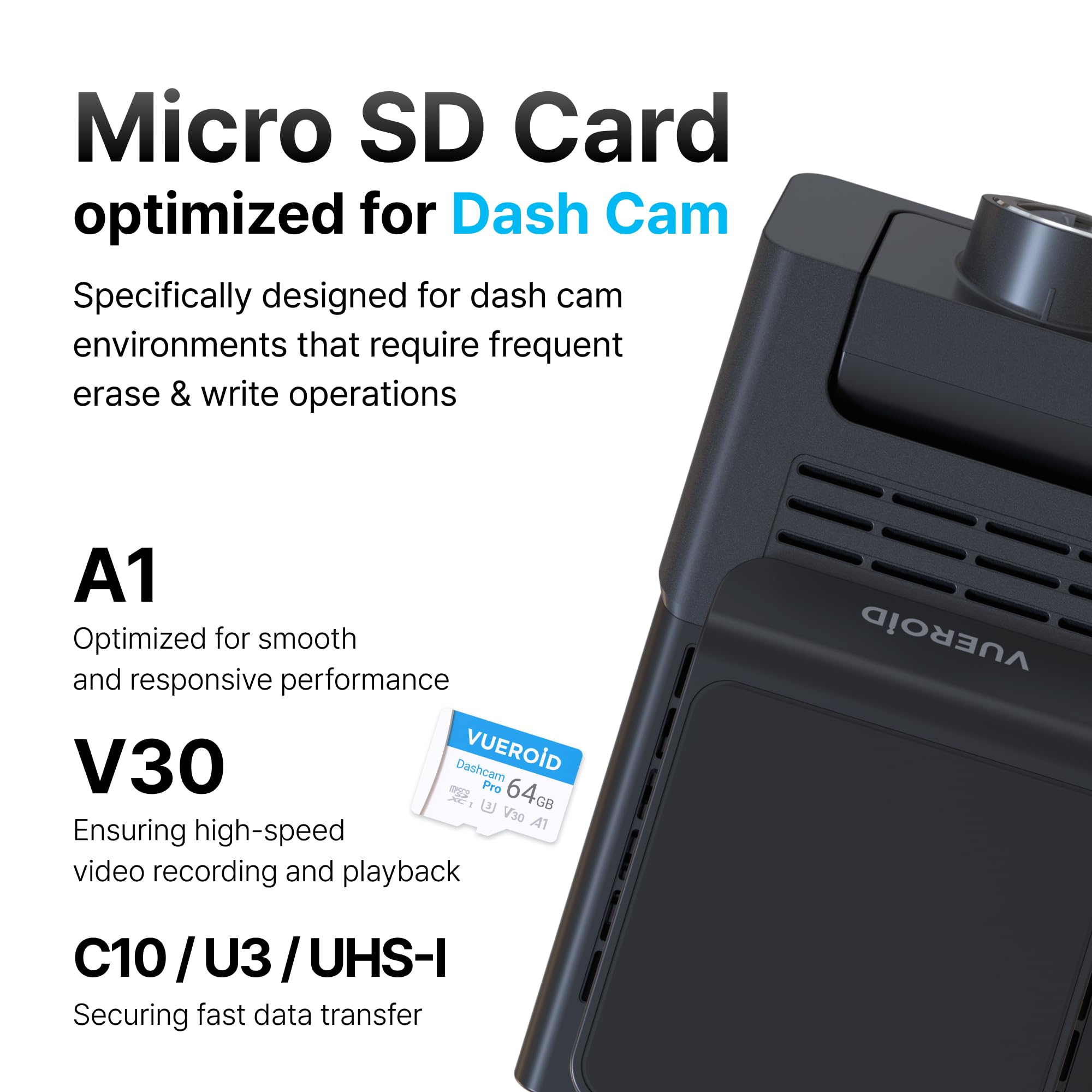 Scheda microSD Dashcam Pro da 64 GB con adattatore per lettore, C10, V30, UHS-I, classe 10, A1, scheda di memoria ad alta velocità per video 4K UHD, velocità di lettura fino a 100 MB/s