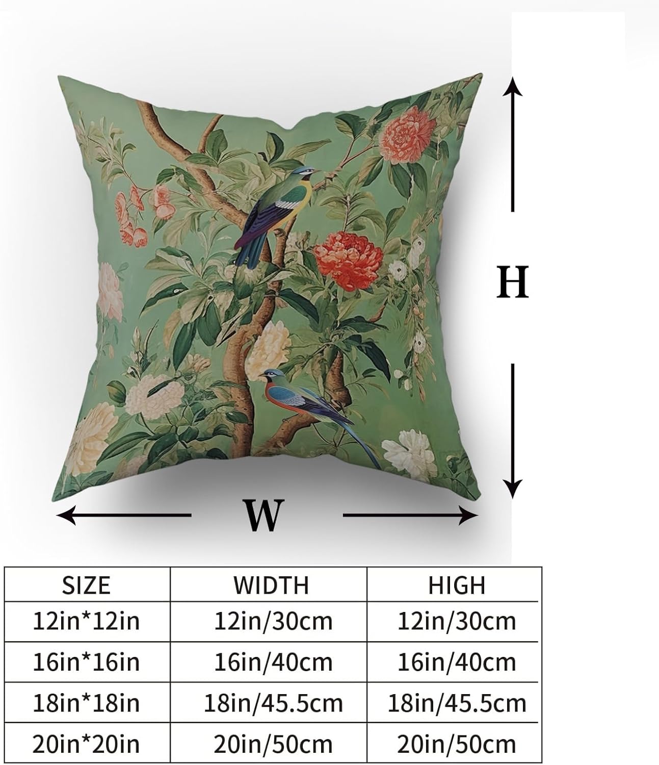 Green Chinoiserie Pillow Cover 20x20 Inch Vintage Bird Flower Throw Pillow Covers Farmhouse Floral Decorative Pillowcase Outdoor Cotton Square Cushion Cover for Couch Sofa Bedroom Decor (Pack of 2) - Image 5