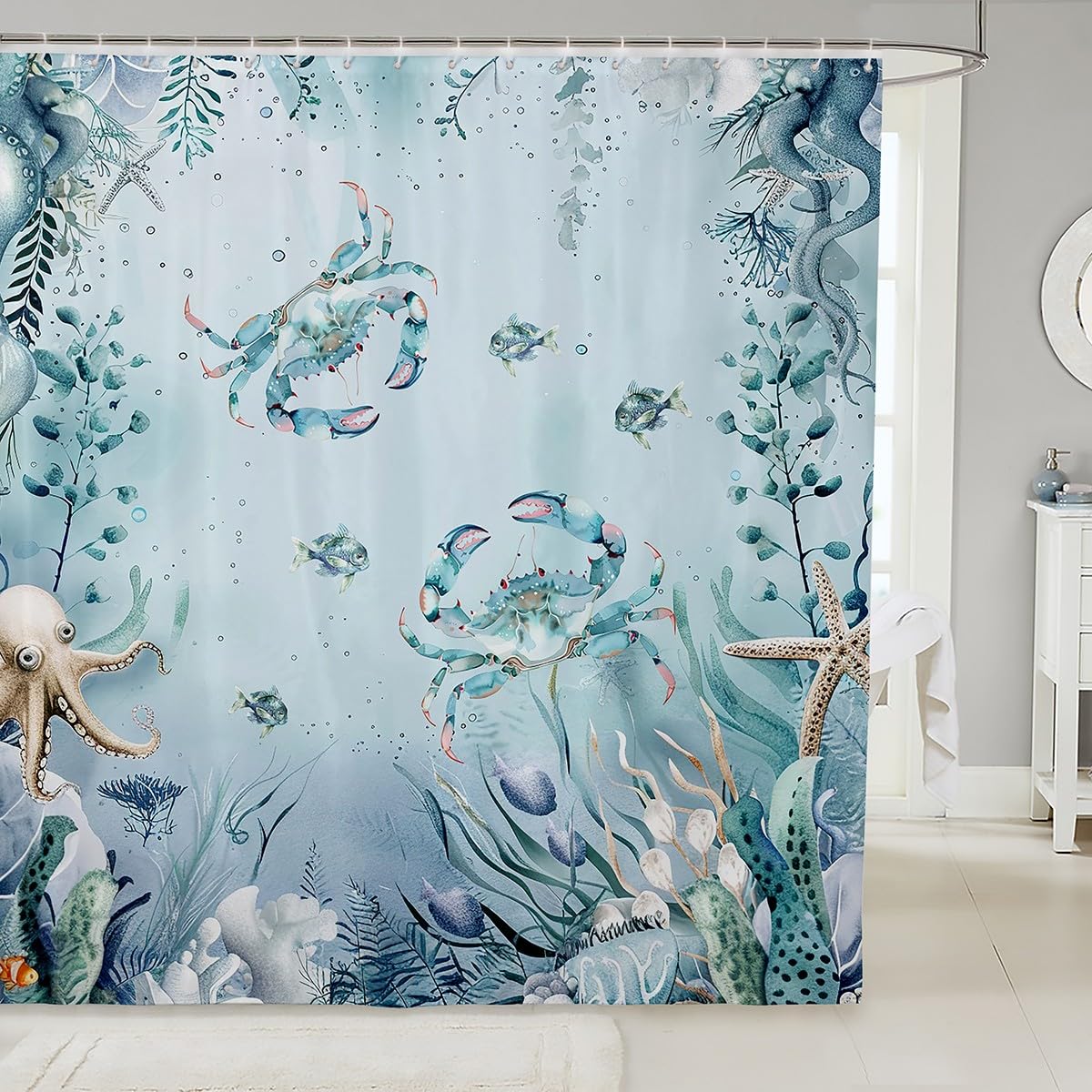 Crab Shower Curtain Set - Teal Blue Beach Coastal Ocean Theme 72"Wx72"L, Starfish Octopus Tentacles Bathroom Accessories, Underwater Creature Coral