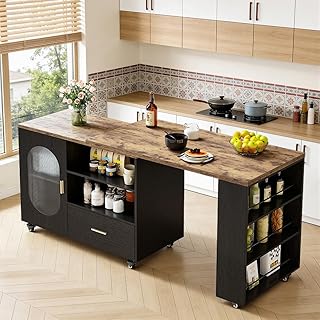 Kitchen Island with Storage, Modern Mobile Island Cart On Wheels, Farmhouse Wood Island Table for Kitchen, Kitchen Island with Storage Cabinet, 2 Drawers,Rustic Brown & Black Oak