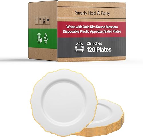 Smarty Had A Party Platos de plástico desechables, elegantes juegos de vajilla resistentes, diseño de borde de flores, platos de ensalada blancos y