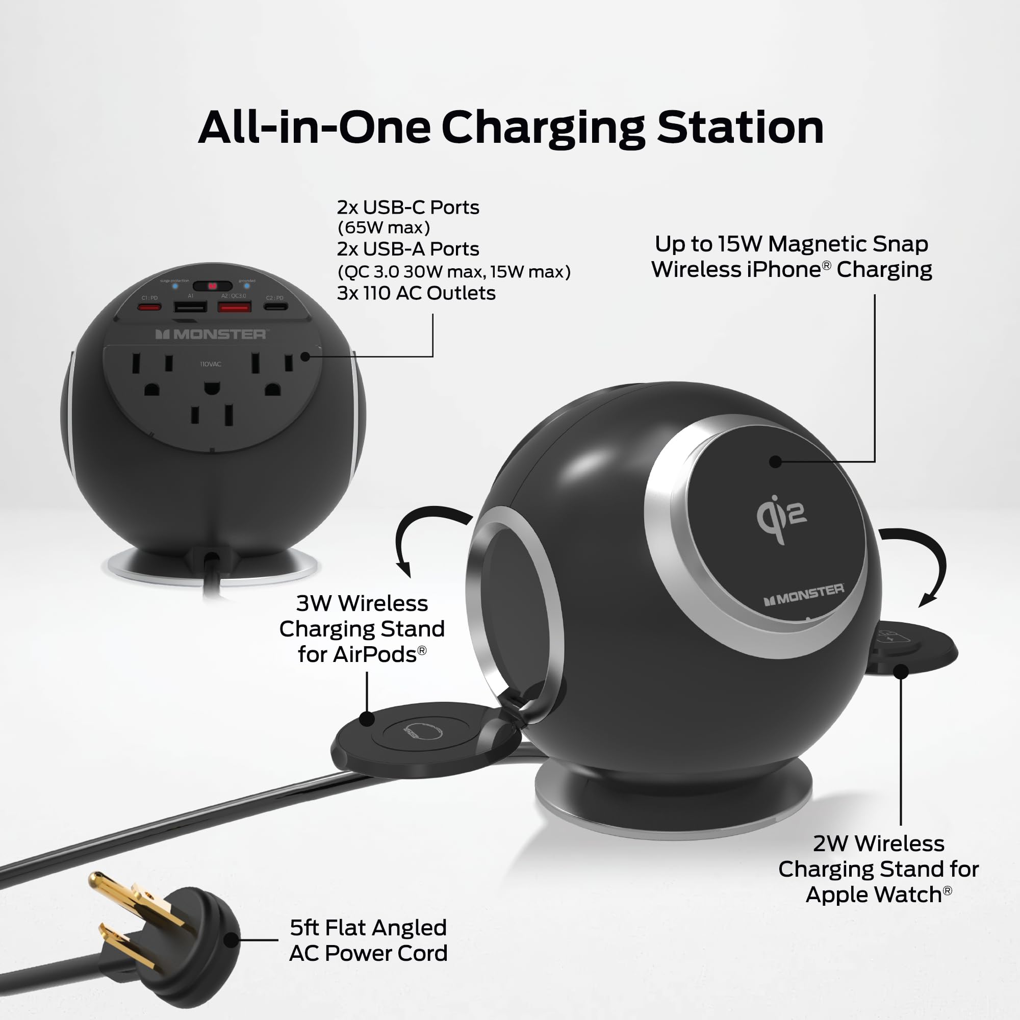 Monster Estación de carga 10 en 1, incluye 3 salidas de CA, 2 puertos USB-A, 2 puertos USB-C PD (65 W máximo), 3 cargadores inalámbricos compatibles con teléfonos compatibles con Qi (15 W), Apple