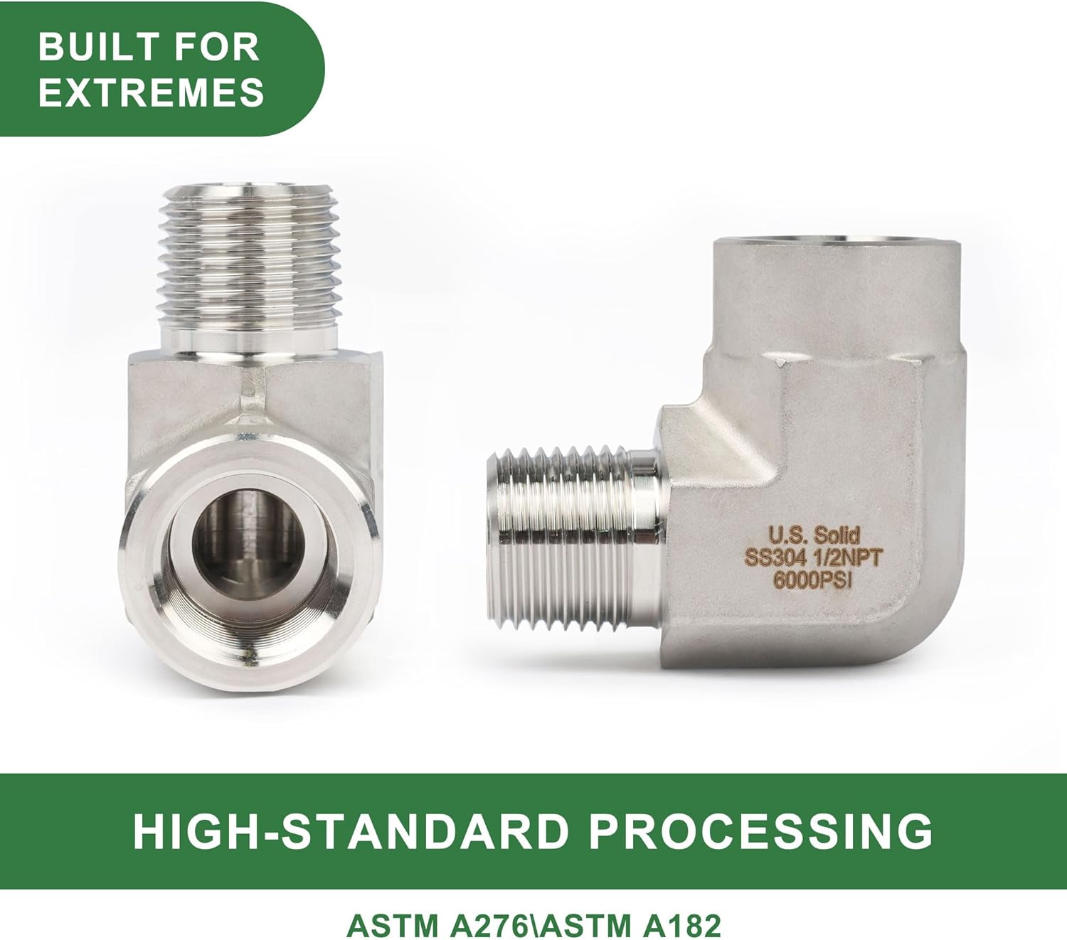 U.S. Solid 304 Stainless Steel High Pressure 6000 Psi 90 Degree Barstock Street Elbow (Male*Female) (Pack of 2)