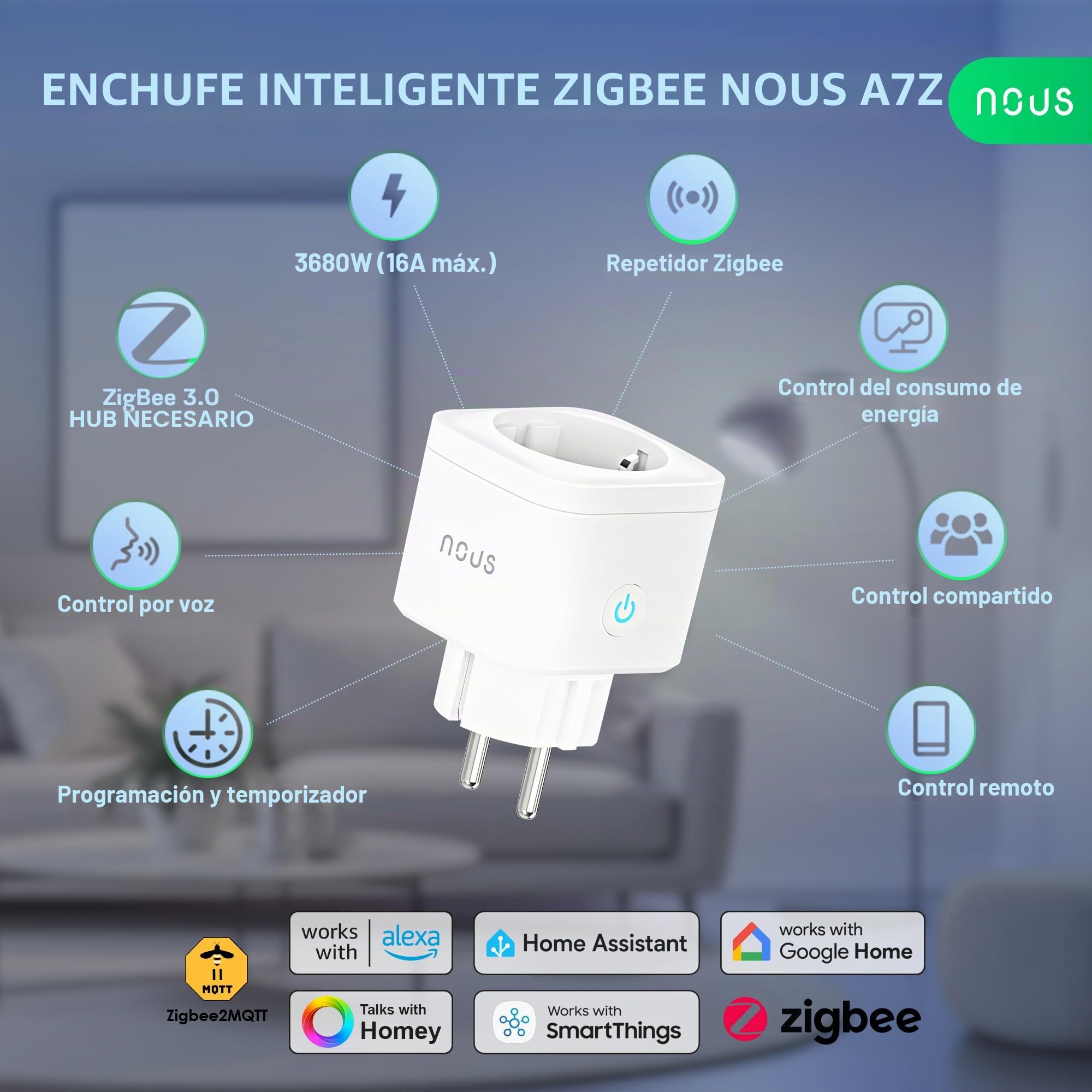 NOUS A7Z ZigBee Smart Socket con Monitorización de Energía, 16A, App y control por voz, Temporizador y Horarios, Compatible con Alexa, Google Home, Home Assistant, Tuya, Requiere ZigBee Hub, Pack of 2