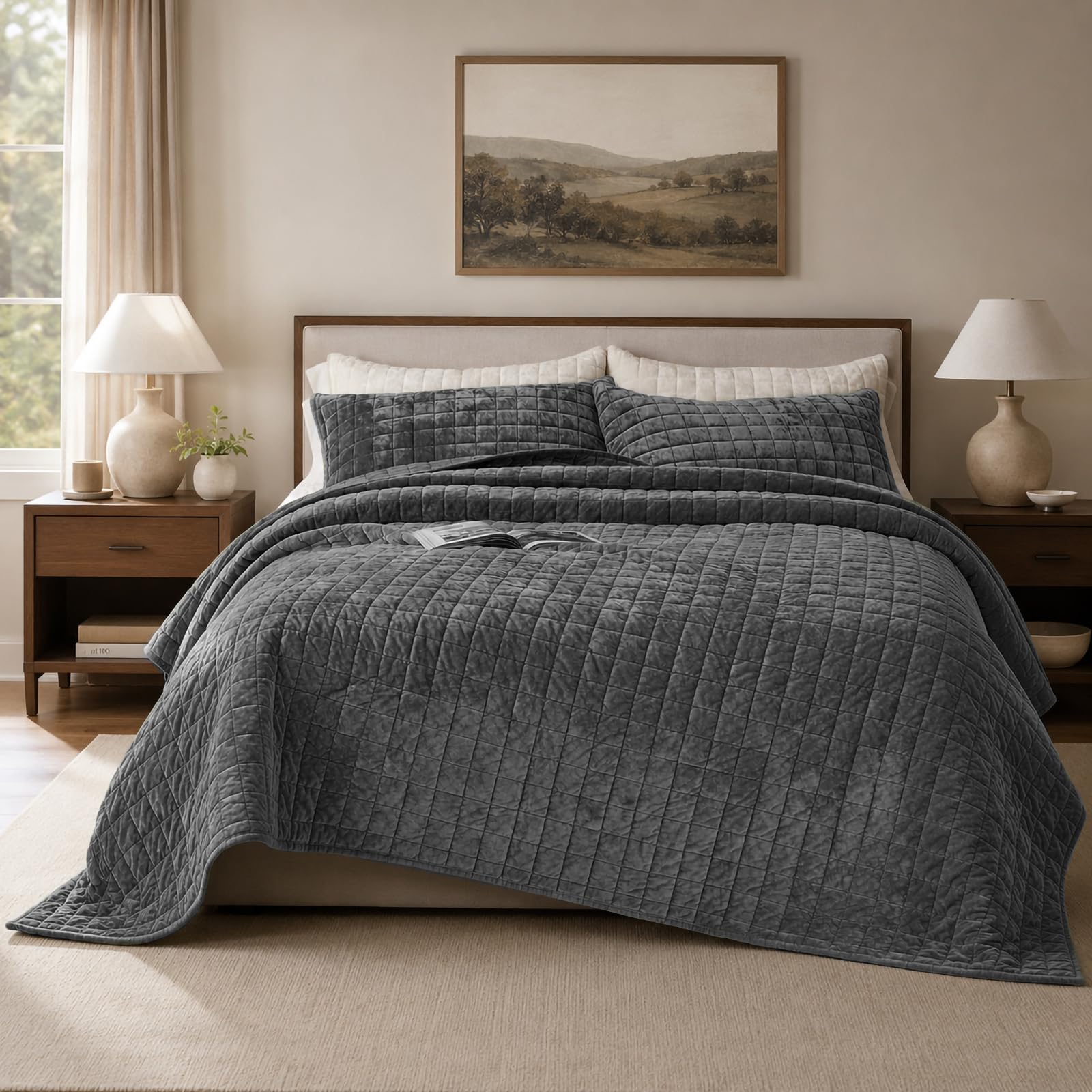 Luxurious Velvet King Quilt Set - Beige -17