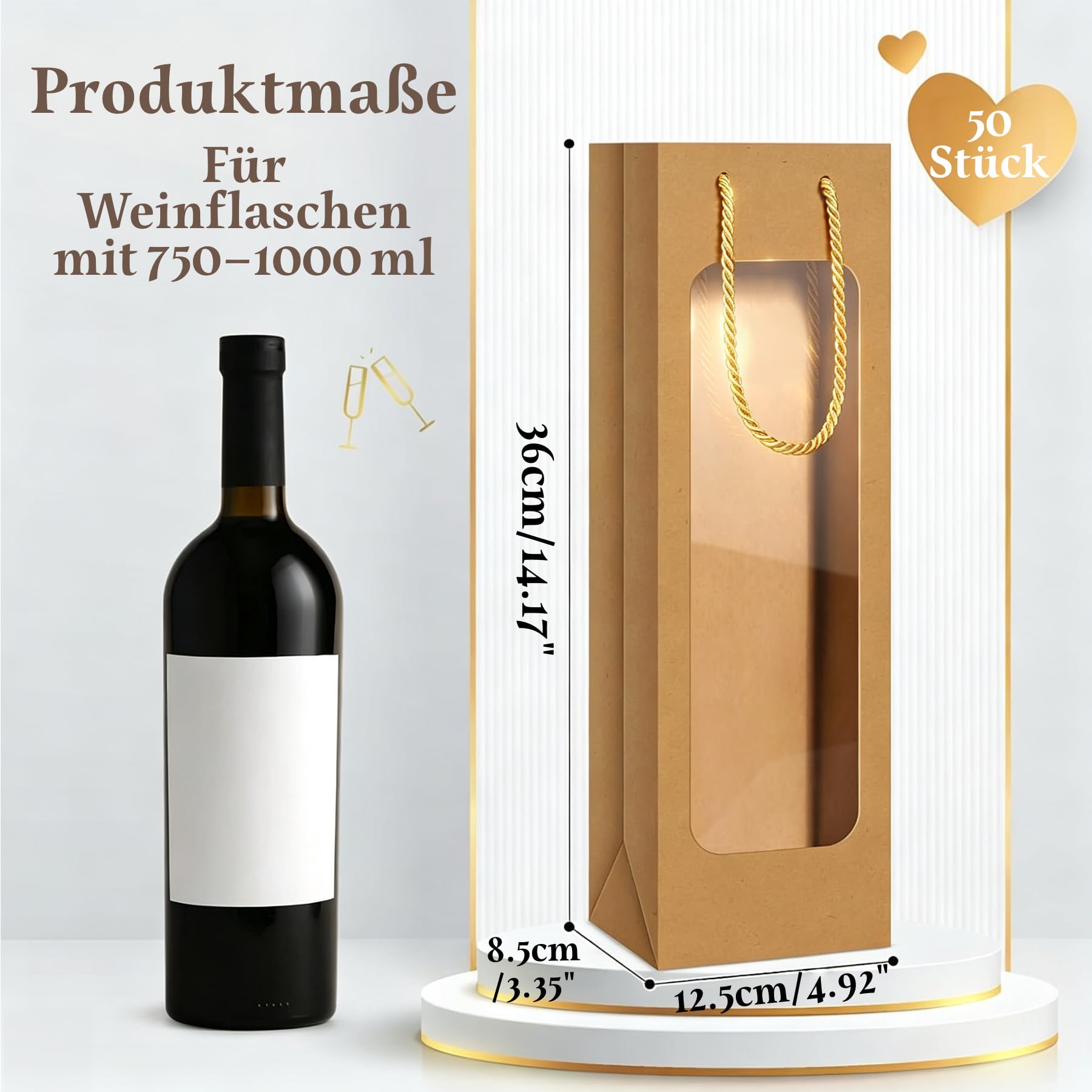 50 Stk Wein Geschenktüten mit Fenster & Griff für 750-1000ml Flaschen