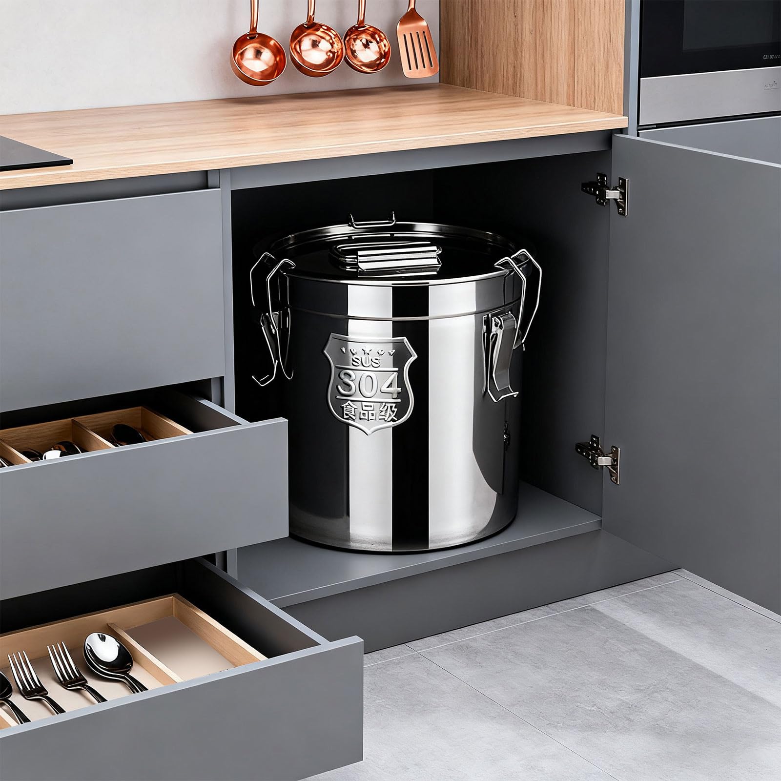 Pratico secchio da cucina sigillato in acciaio antiruggine con coperchio rimovibile facile da pulire contenitore per conservare alimenti per caffè, farina di riso
