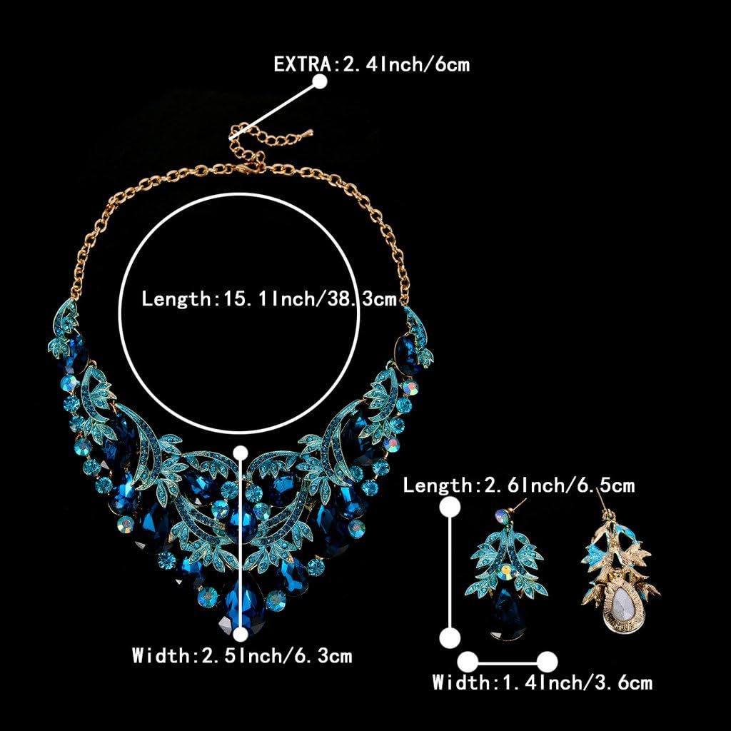 BriLove Women's Bohemian Boho Crystal Teardrop Filigree Leaf Hollow Statement Necklace Dangle Earrings Set