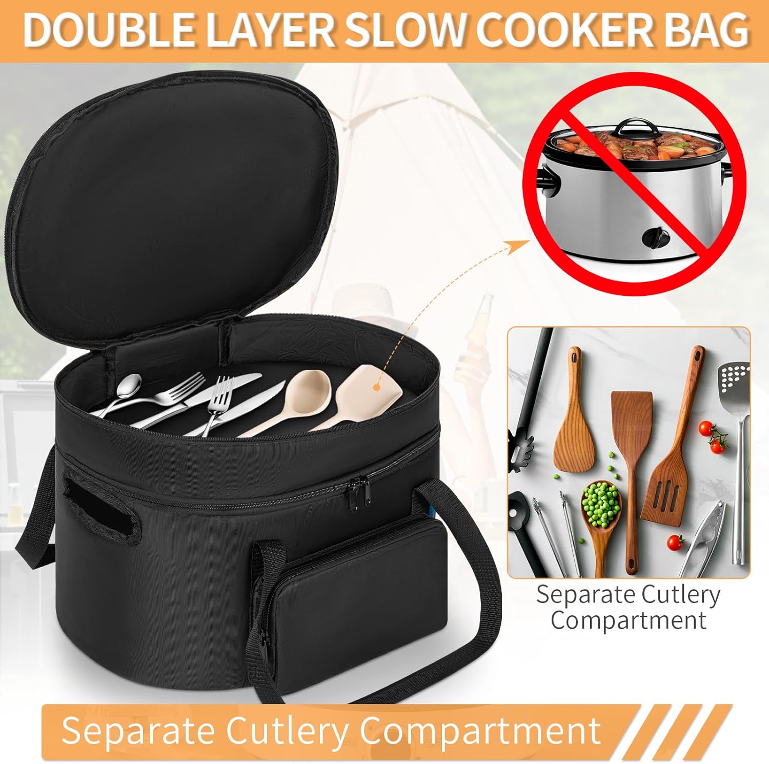 Double-Layer Slow Cooker Travel Bag Compatible with 6, 7, 8 Quart Crock-Pot, Insulated Travel Carrier with Easy to Clean Lining, Black