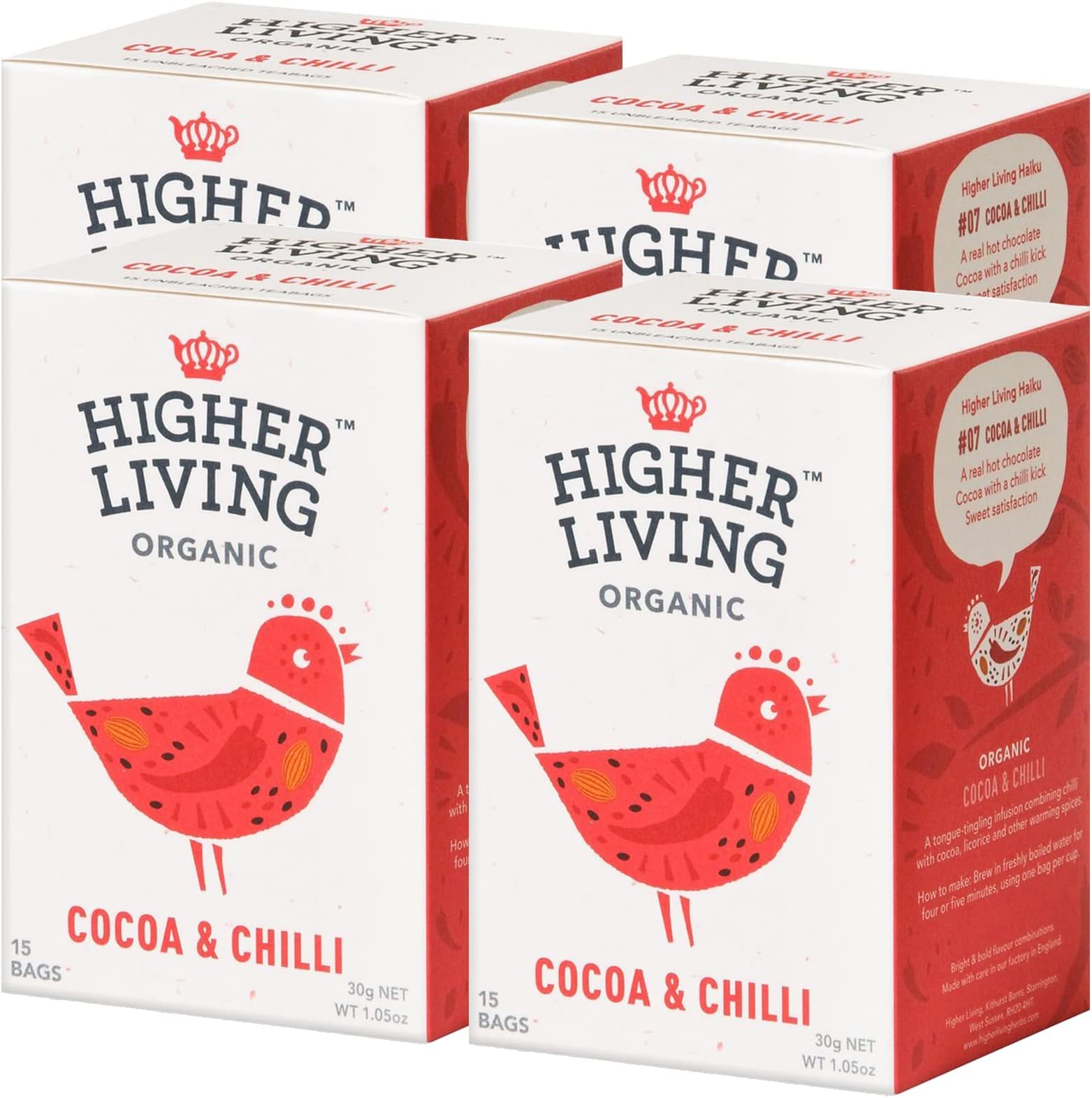 Higher Living Organic Cocoa & Chilli Tea Bags | Pack of 4 | 15 Teabags (30g) | Exquisite Blend of Rich Cocoa and Spicy Chilli | Natural and Organic Ingredients | Fiery and Decadent Tea Experience
