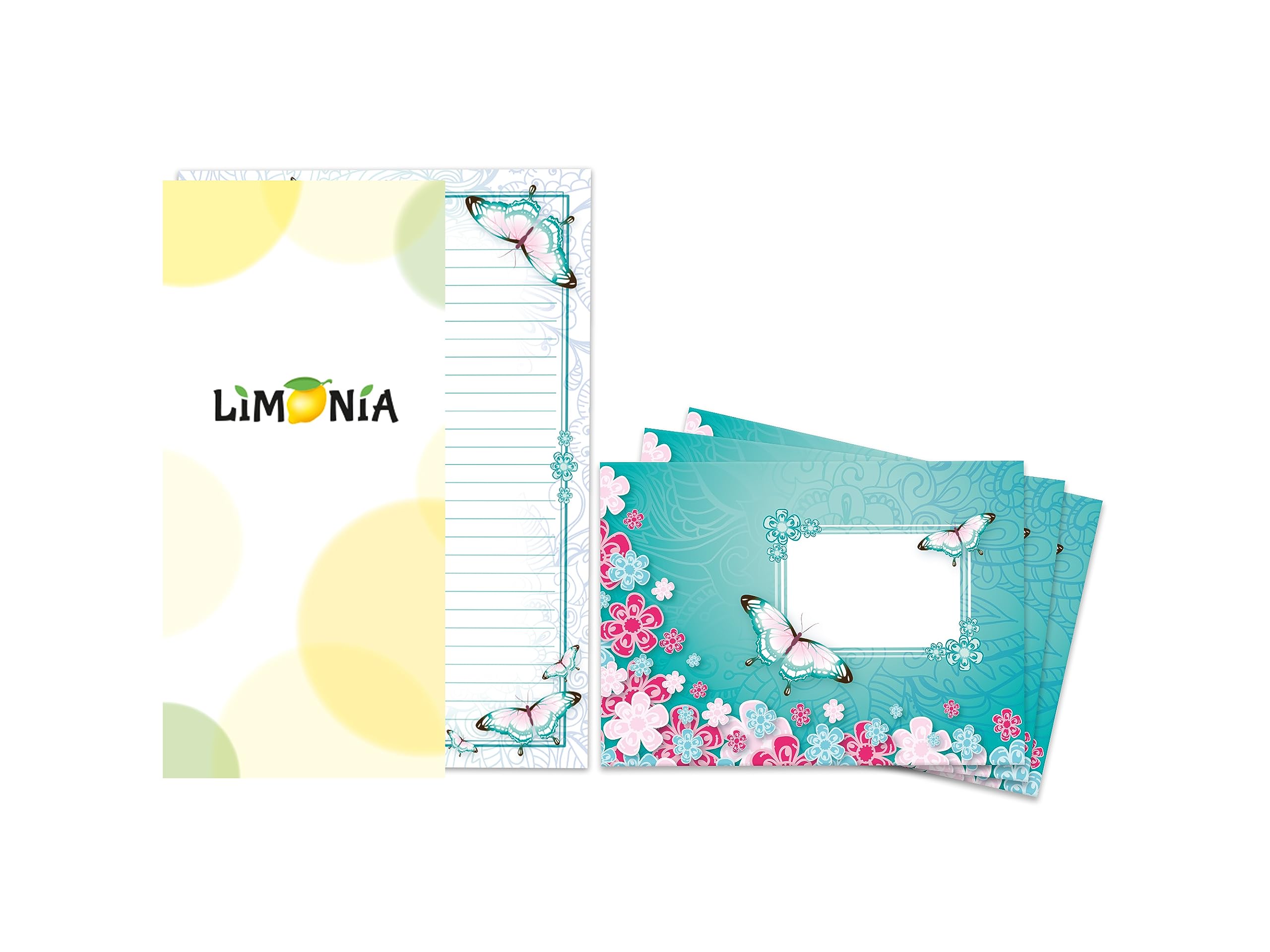 2 Blocs Papier à Lettres Filles - Motifs Papillons Et Fleurs - 25 Feuilles + Enveloppes A5 - Fabriqué Allemagne