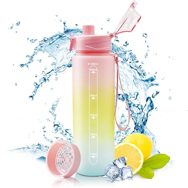 TAOCI 1l Water Bottle , Drinking Bottles for Adults, BPA Free Reusable Plastic , Wide Mouth & Secure Locking Lid School Children Girls Adults Women ,Hiking/Cycling/Camping (pink)
