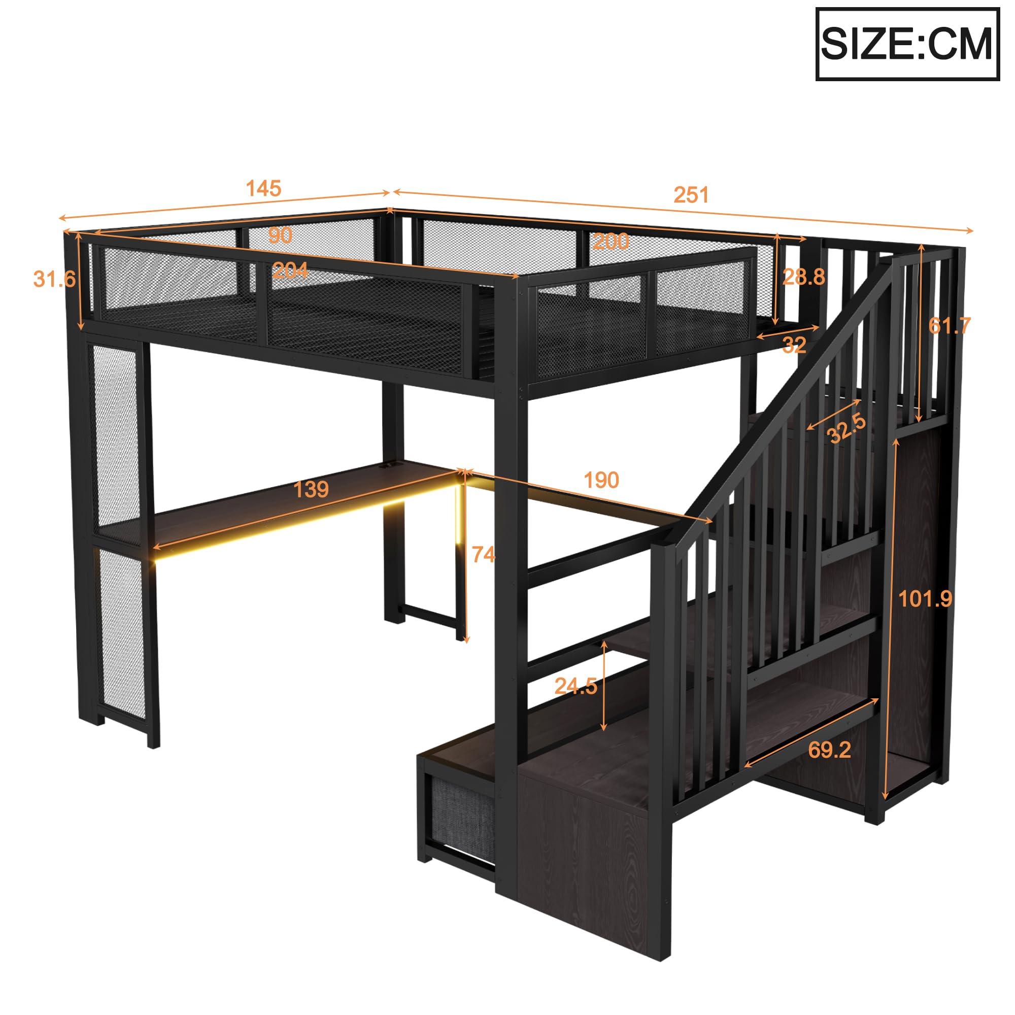 Lcoho Cama alta de metal para niños, 140 x 200 cm, con escalera, espacio de almacenamiento, puerto USB, escritorio, armario abierto y 3 cajones, color negro.